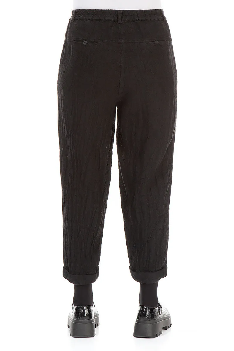 Roll Up Black M??lange Linen Trousers Versatile Fashion