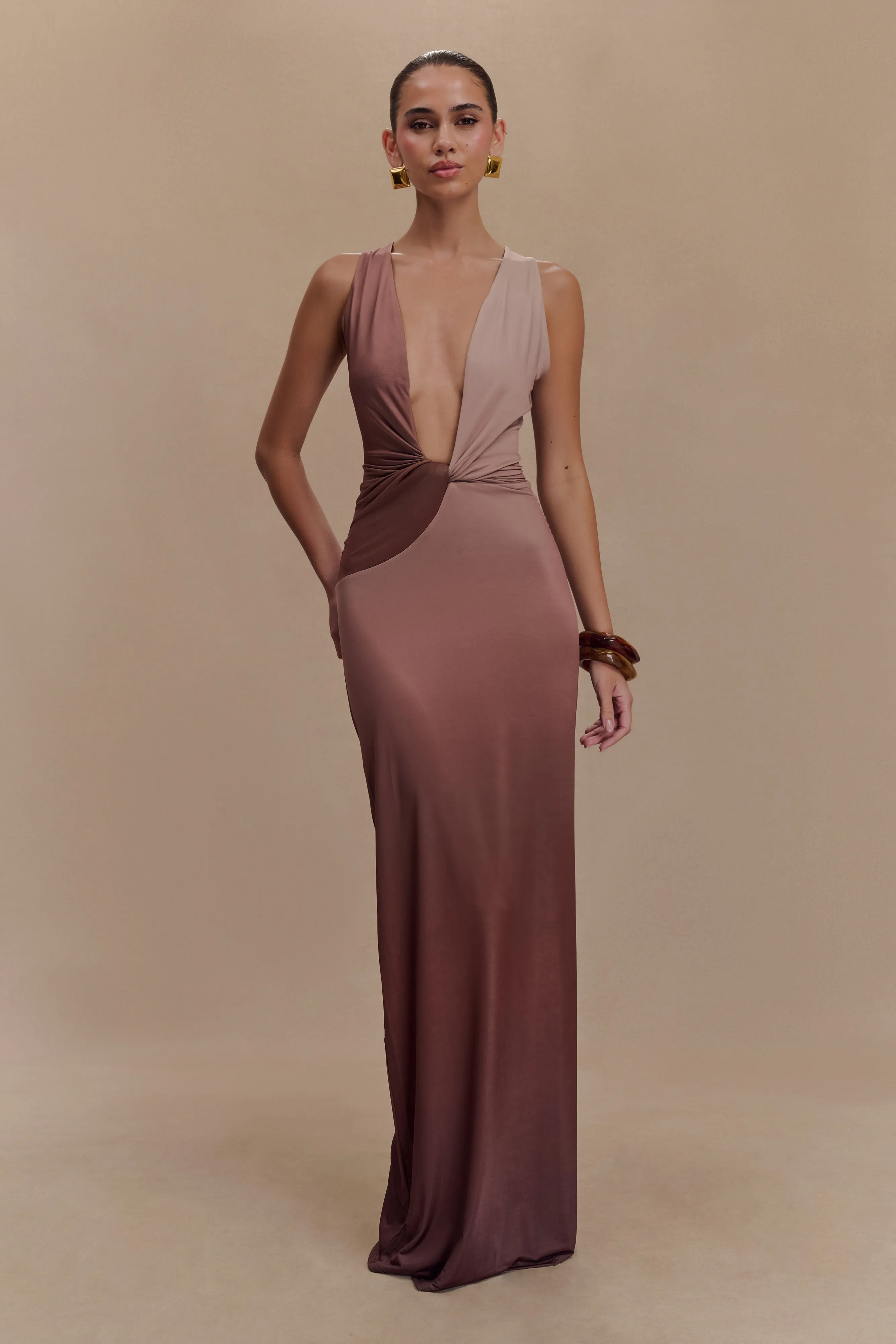 Breeze Grace custom-fit Stella Draped Slinky Maxi Dress - Mocha Ombre