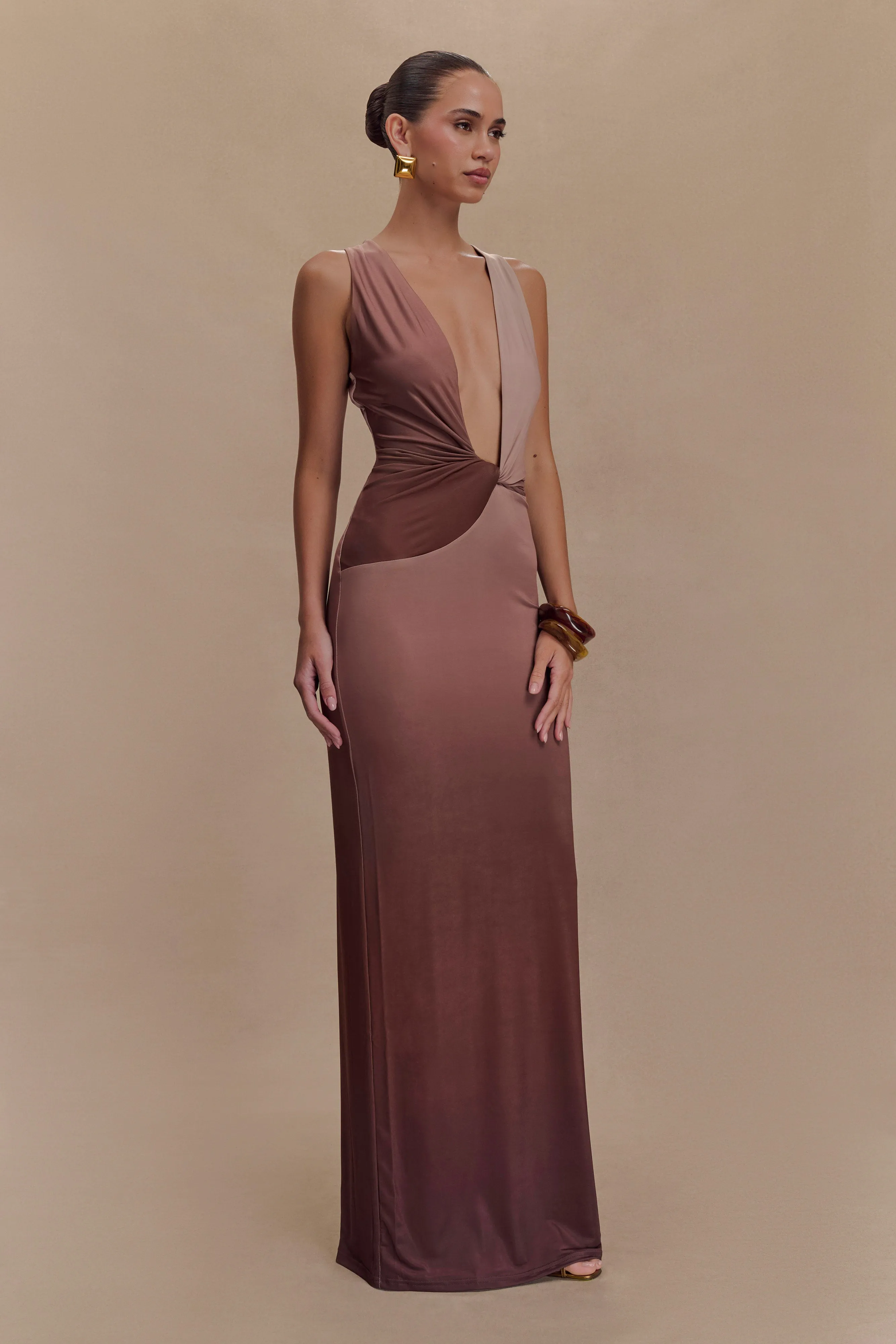 Sleek Drape Soft Contour Stella Draped Slinky Maxi Dress - Mocha Ombre