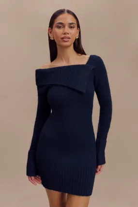 Stephanie Asymmetric Knit Mini Dress - Dark Navy Contrast-Panel Year Round