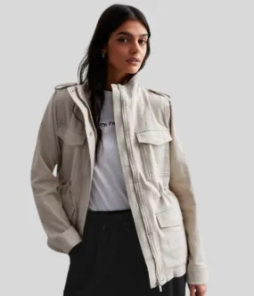 Cozy Hood Detail Pocket Details Stone Cotton Utility Jacket