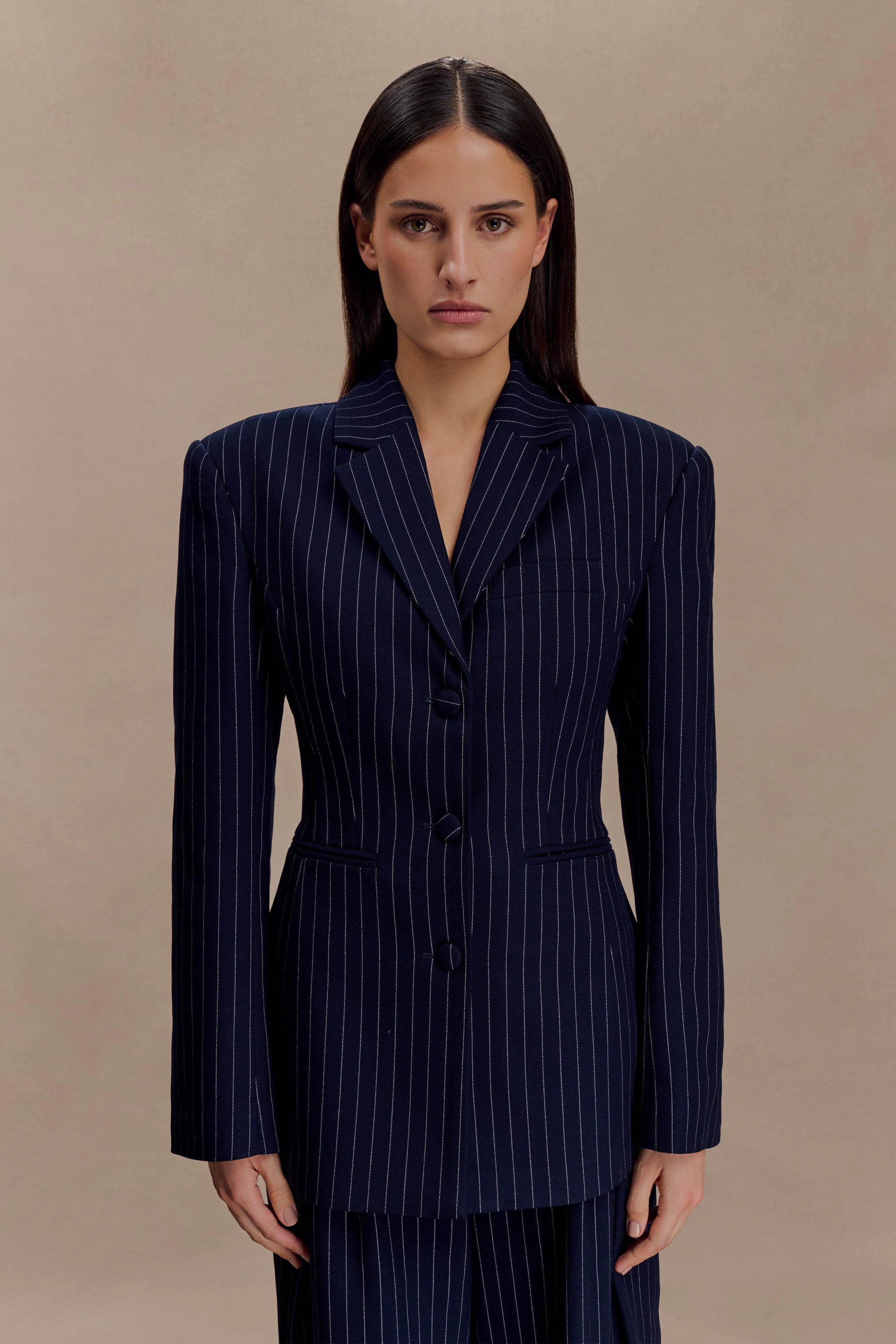 Bellamy Cinched Blazer - Navy Pinstripe Eco Conscious Dye Process Quick Release Buckle