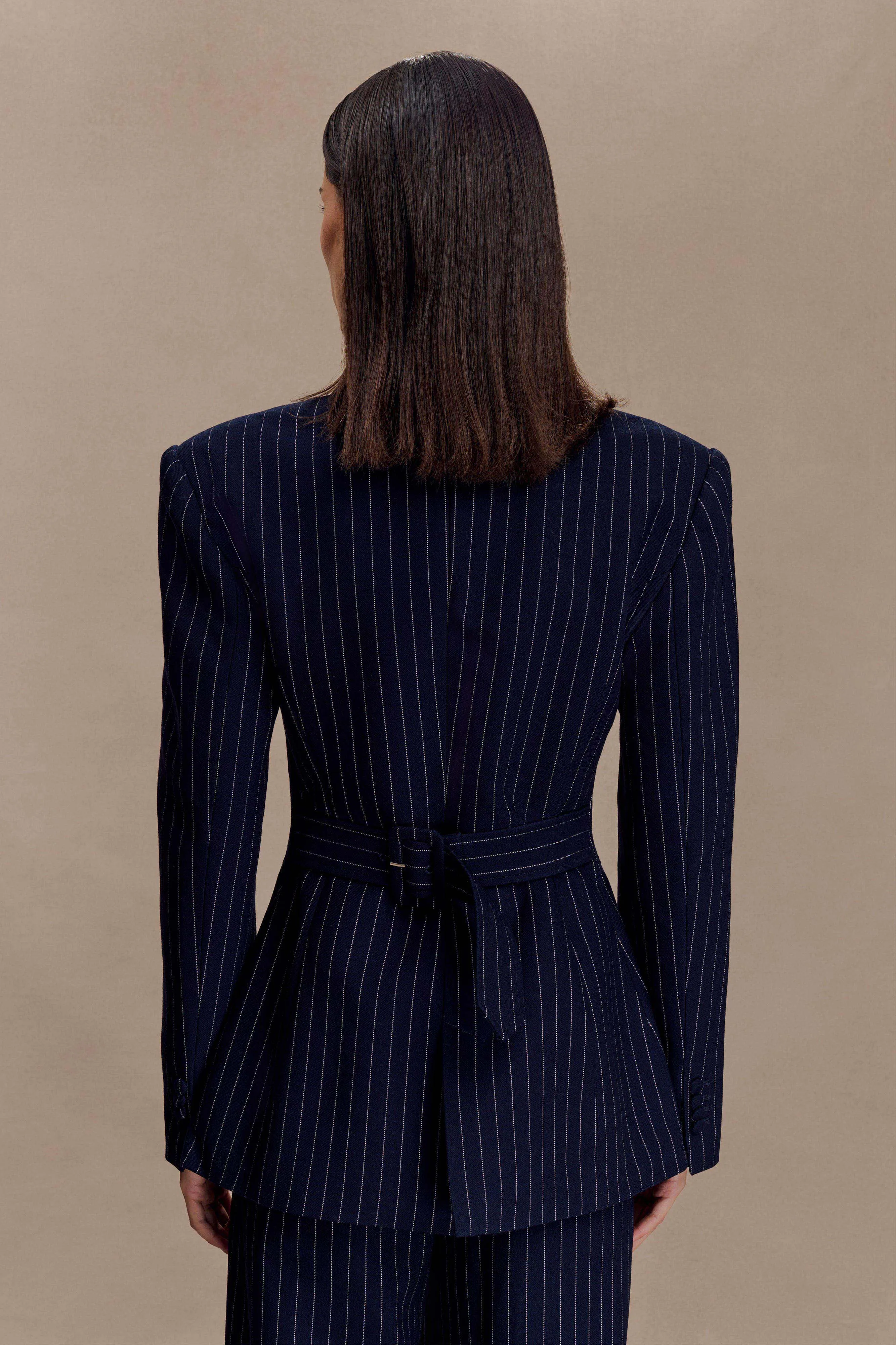 WaterRepellent Finish Winter Fashion Bellamy Cinched Blazer - Navy Pinstripe