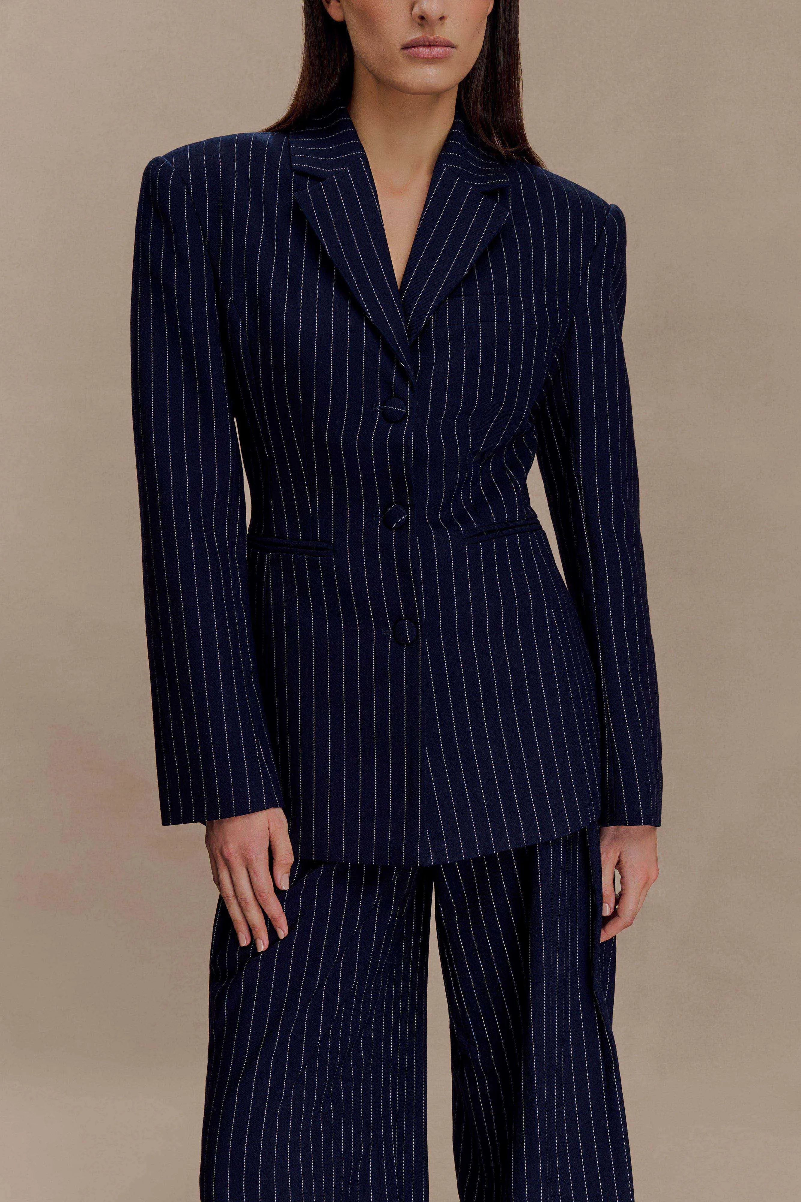 Bellamy Cinched Blazer - Navy Pinstripe Laser Cut Vents Abrasion Proof Shoulders