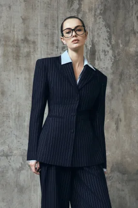 Bellamy Cinched Blazer - Navy Pinstripe Cold Day Look Odor Resistant Treatment