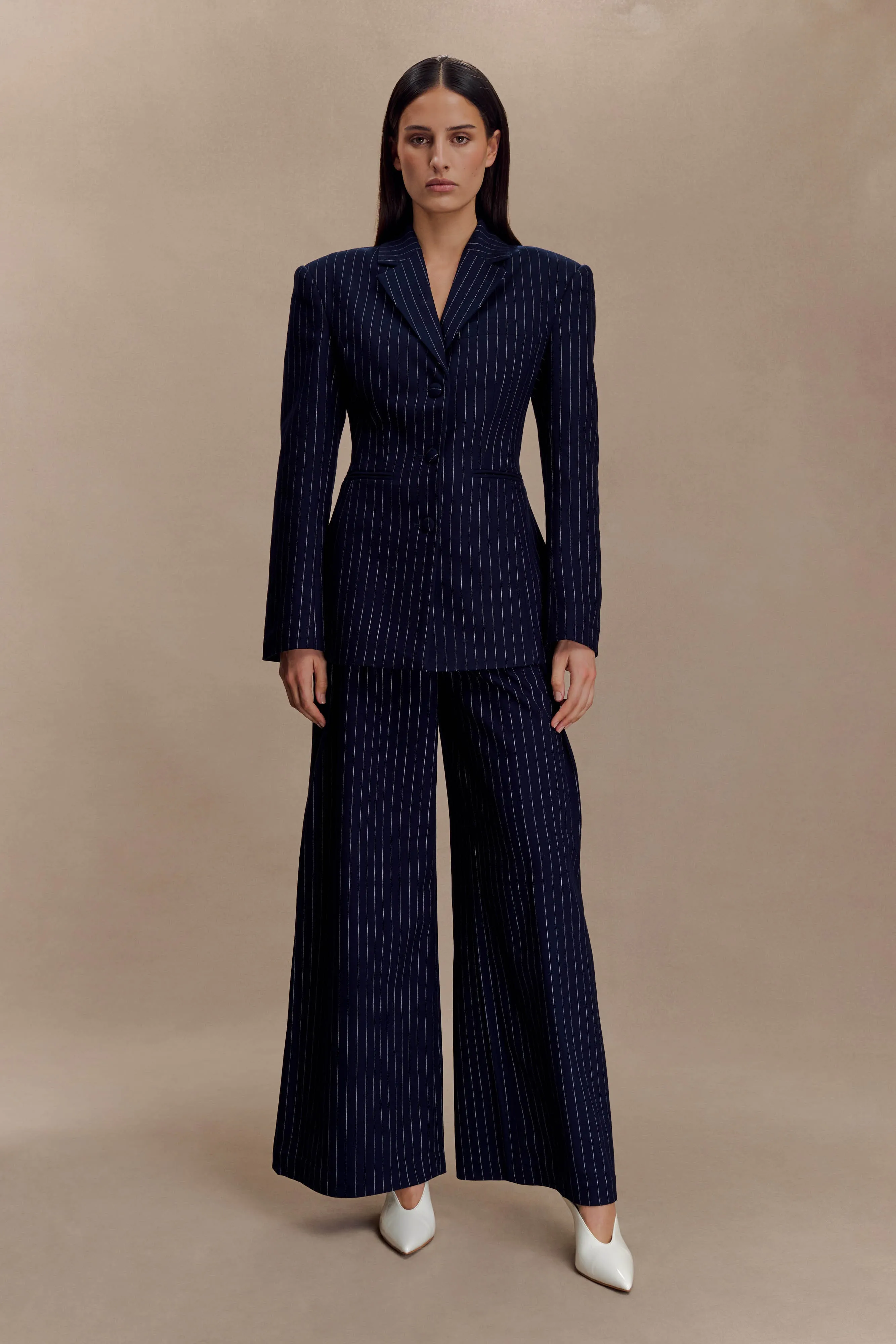 Bellamy Cinched Blazer - Navy Pinstripe HybridLayerCompatibility