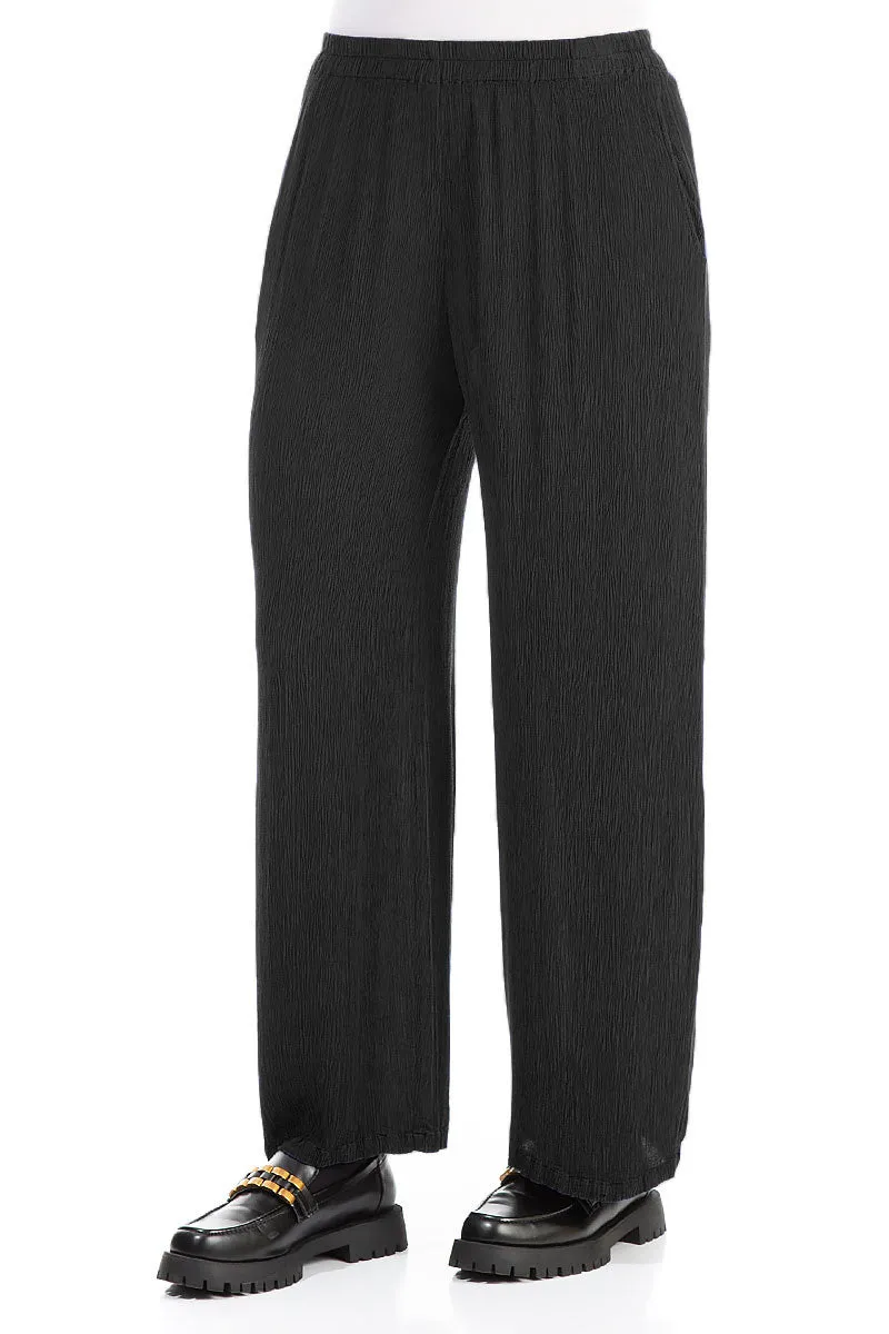 Straight Black Silk Viscose Trousers Lightweight Weave