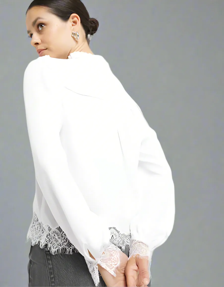 Quick Wear Ivory Lace Trim Blouse