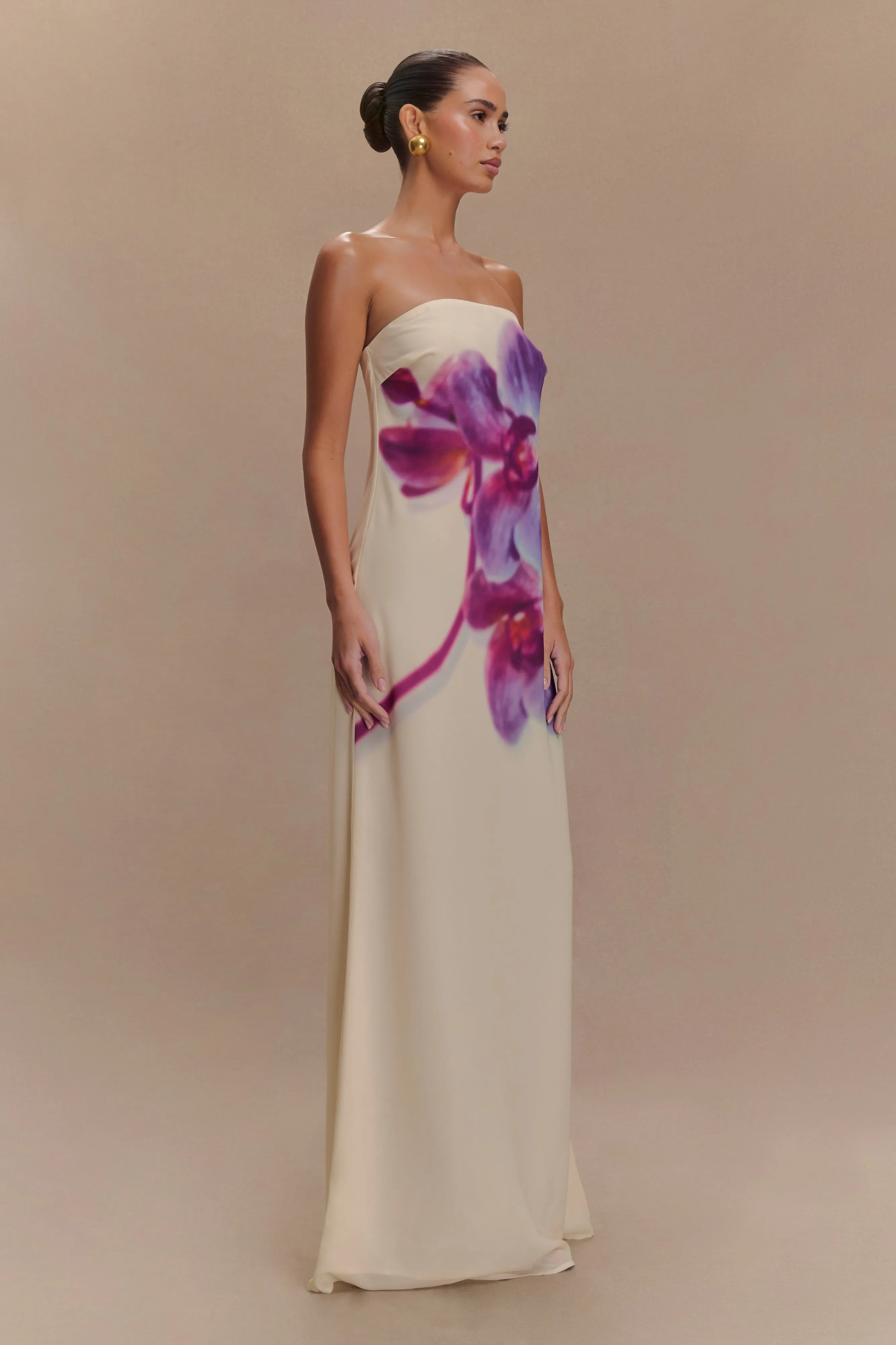 Amaya Strapless Chiffon Maxi Dress - Ivory Koi Orchid Print Night Out