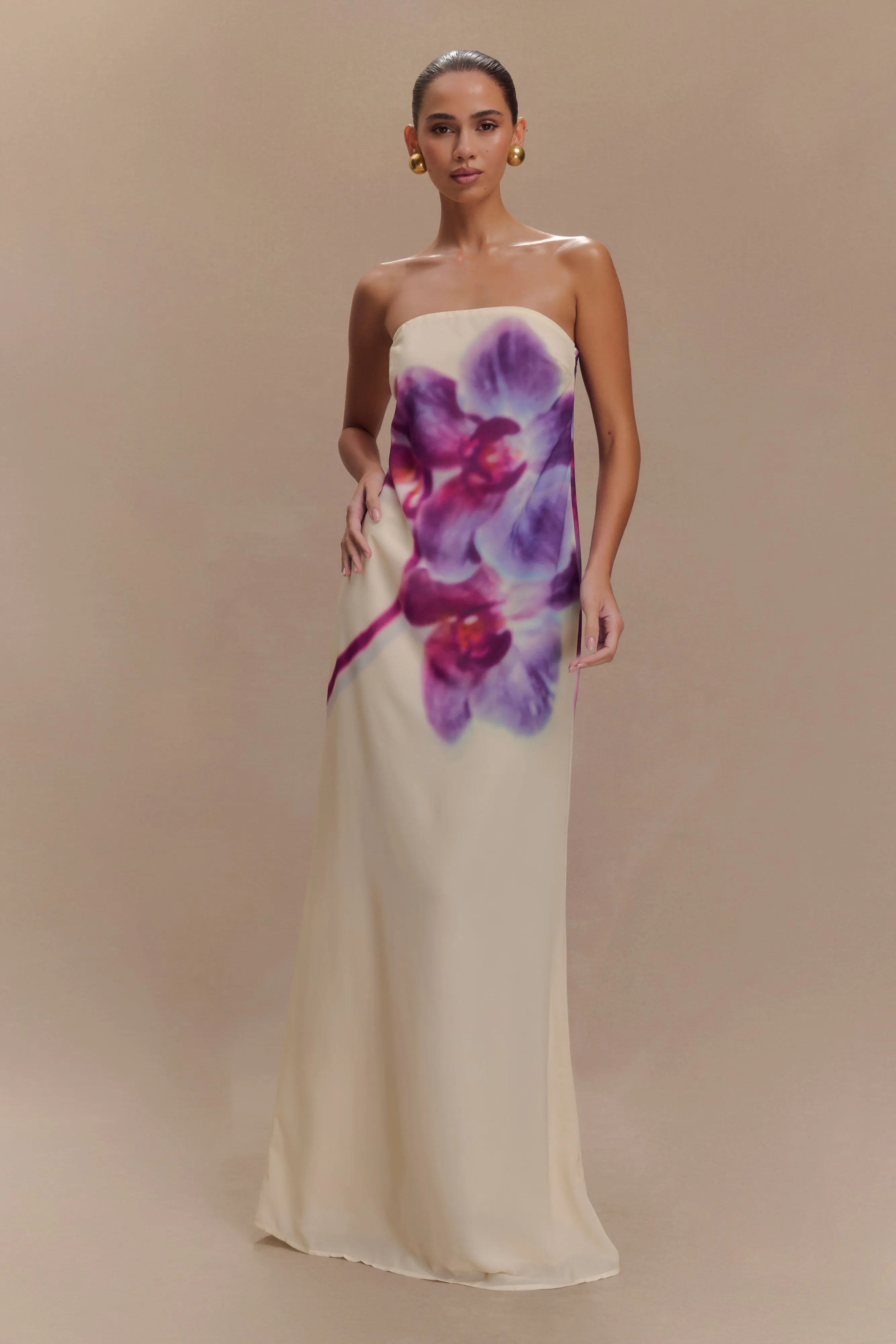 Stylish Line Tailored Wear Amaya Strapless Chiffon Maxi Dress - Ivory Koi Orchid Print