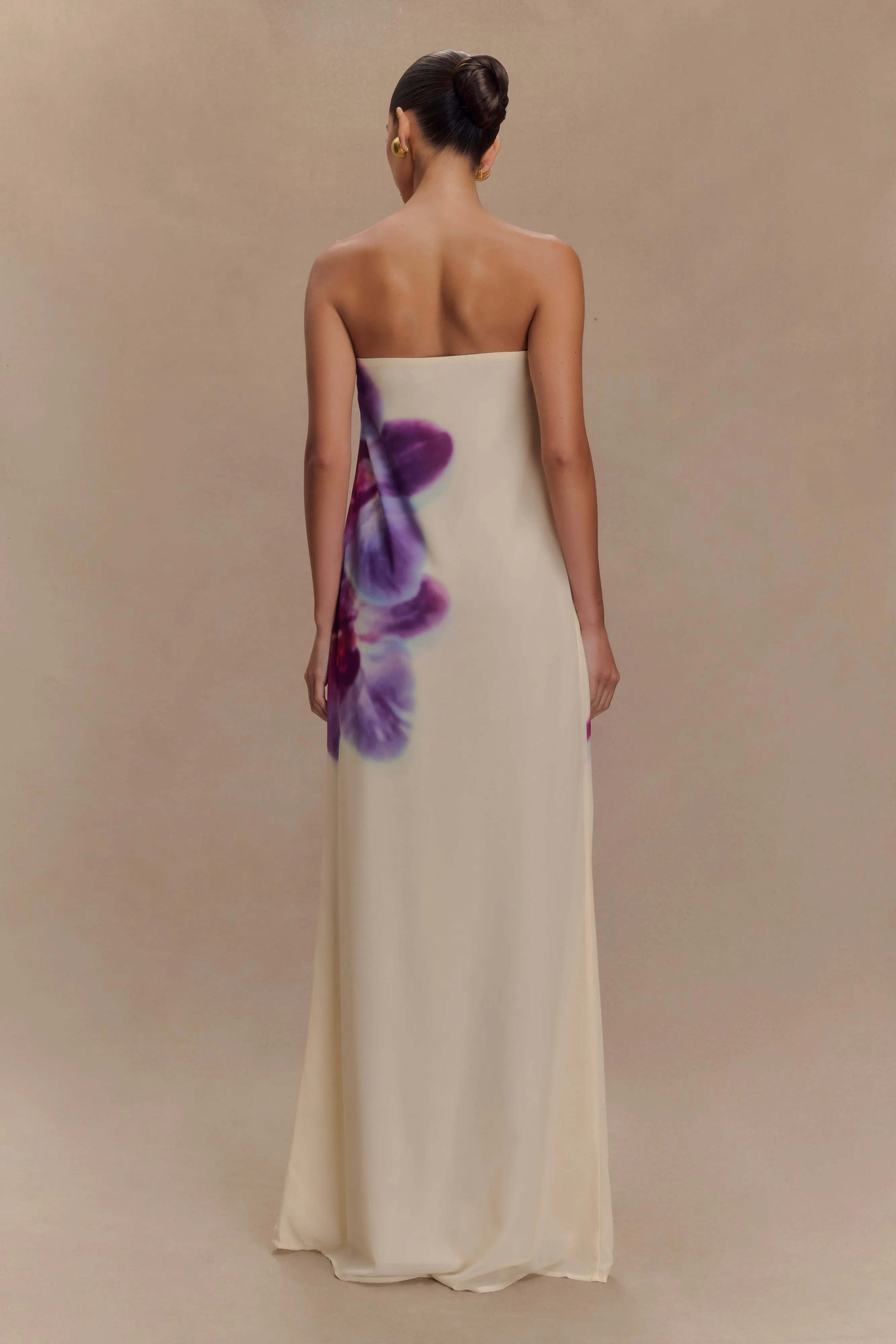 Amaya Strapless Chiffon Maxi Dress - Ivory Koi Orchid Print Elegant Piece
