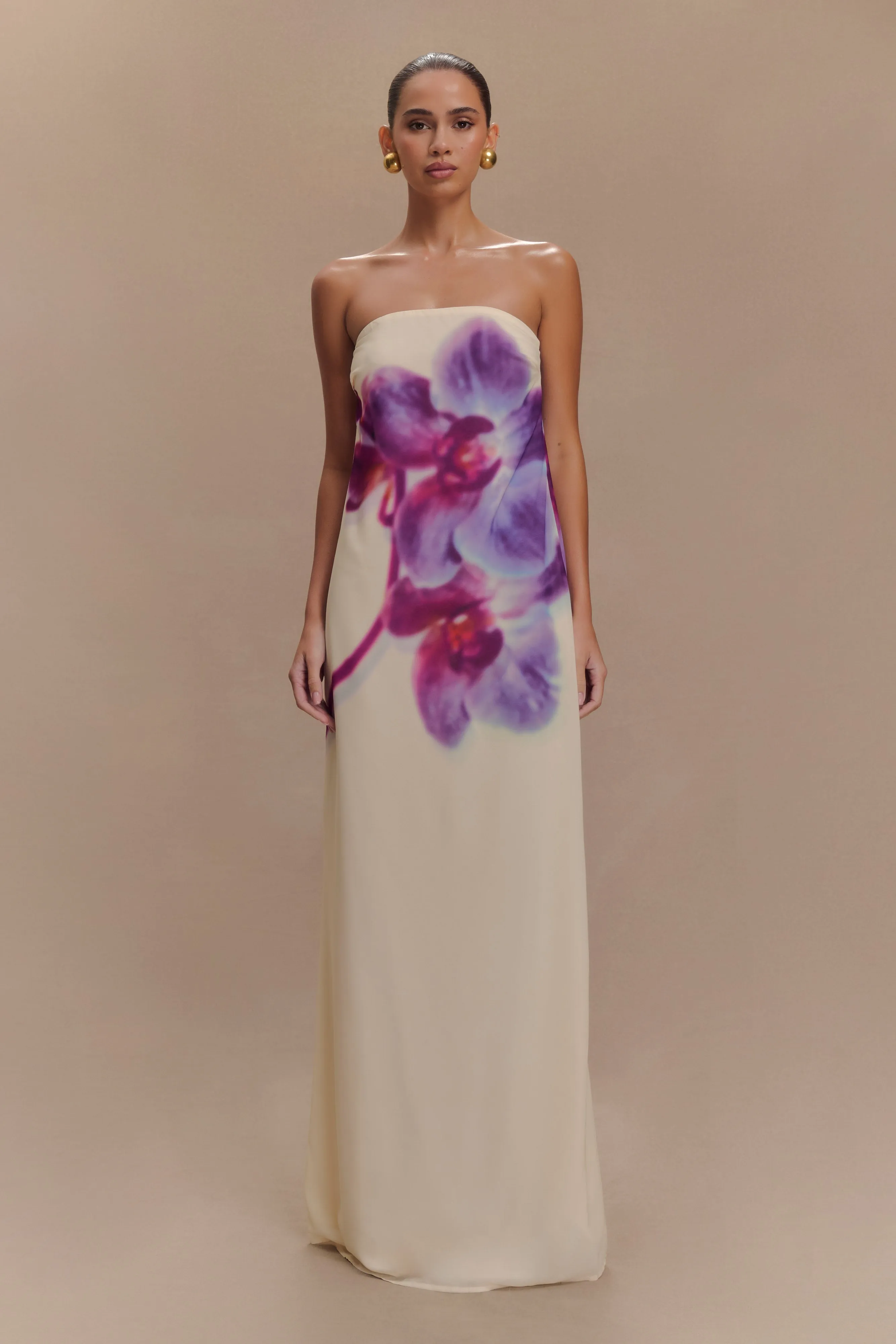 Amaya Strapless Chiffon Maxi Dress - Ivory Koi Orchid Print Garden Scene