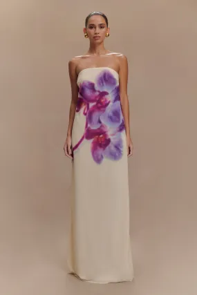 Amaya Strapless Chiffon Maxi Dress - Ivory Koi Orchid Print Garden Scene