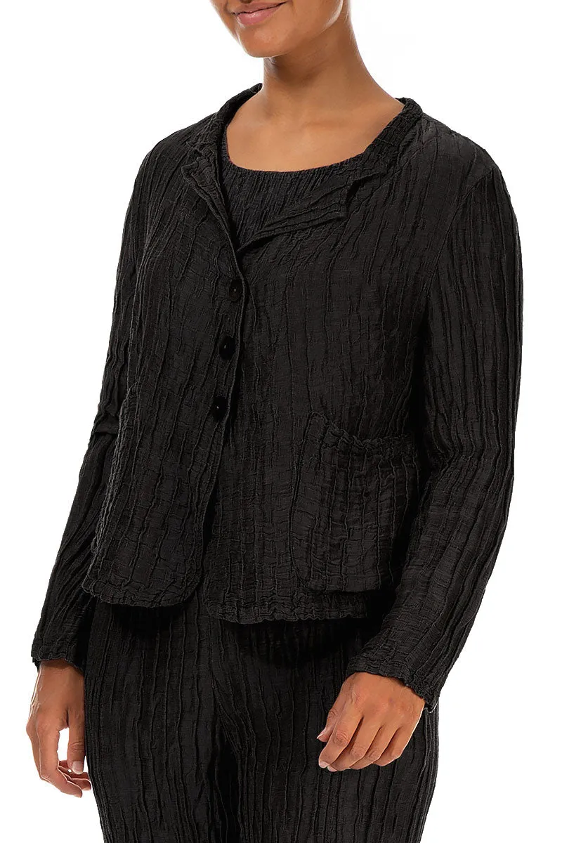 Comfort Focused Design Athletic Tailored Fit Short Crinkled Black Silk Jacket