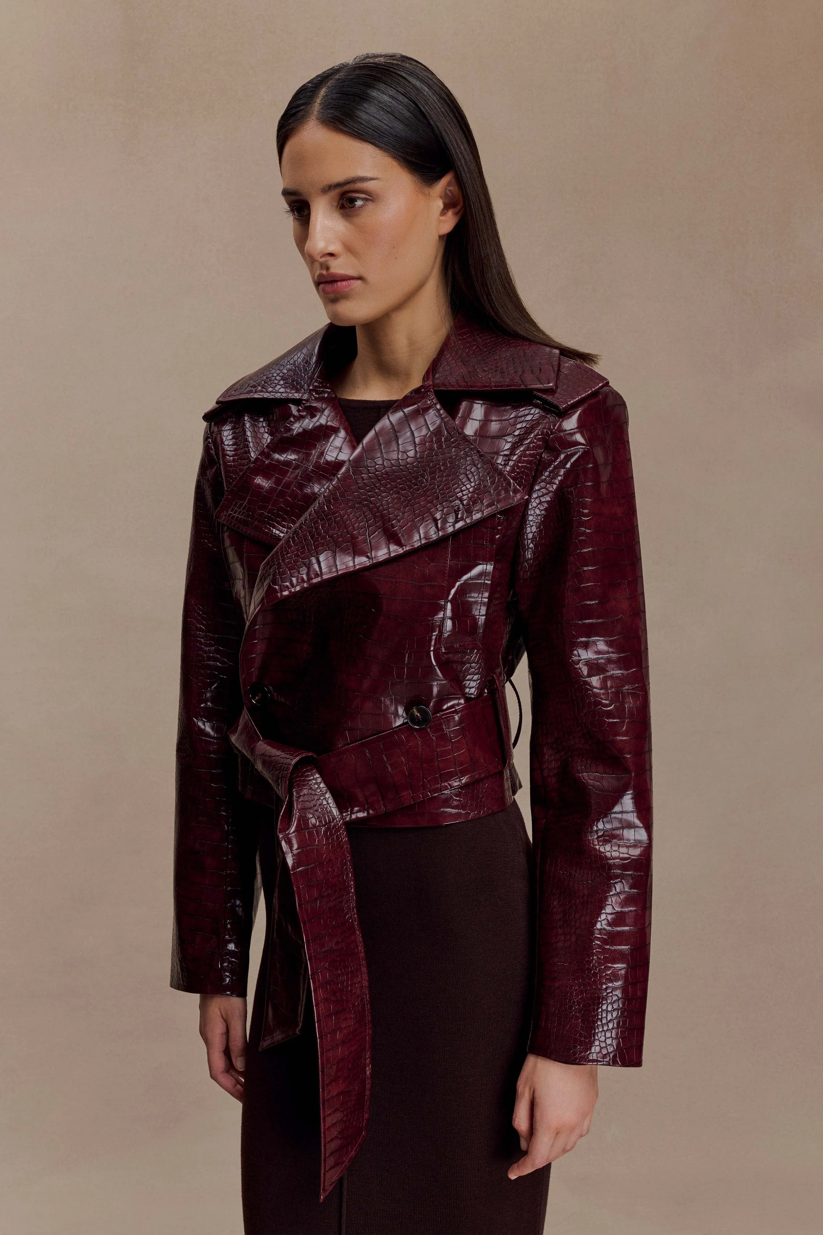Crisp Layer Waterproof Stitch Details Archie Croc Faux Leather Cropped Jacket - Burgundy