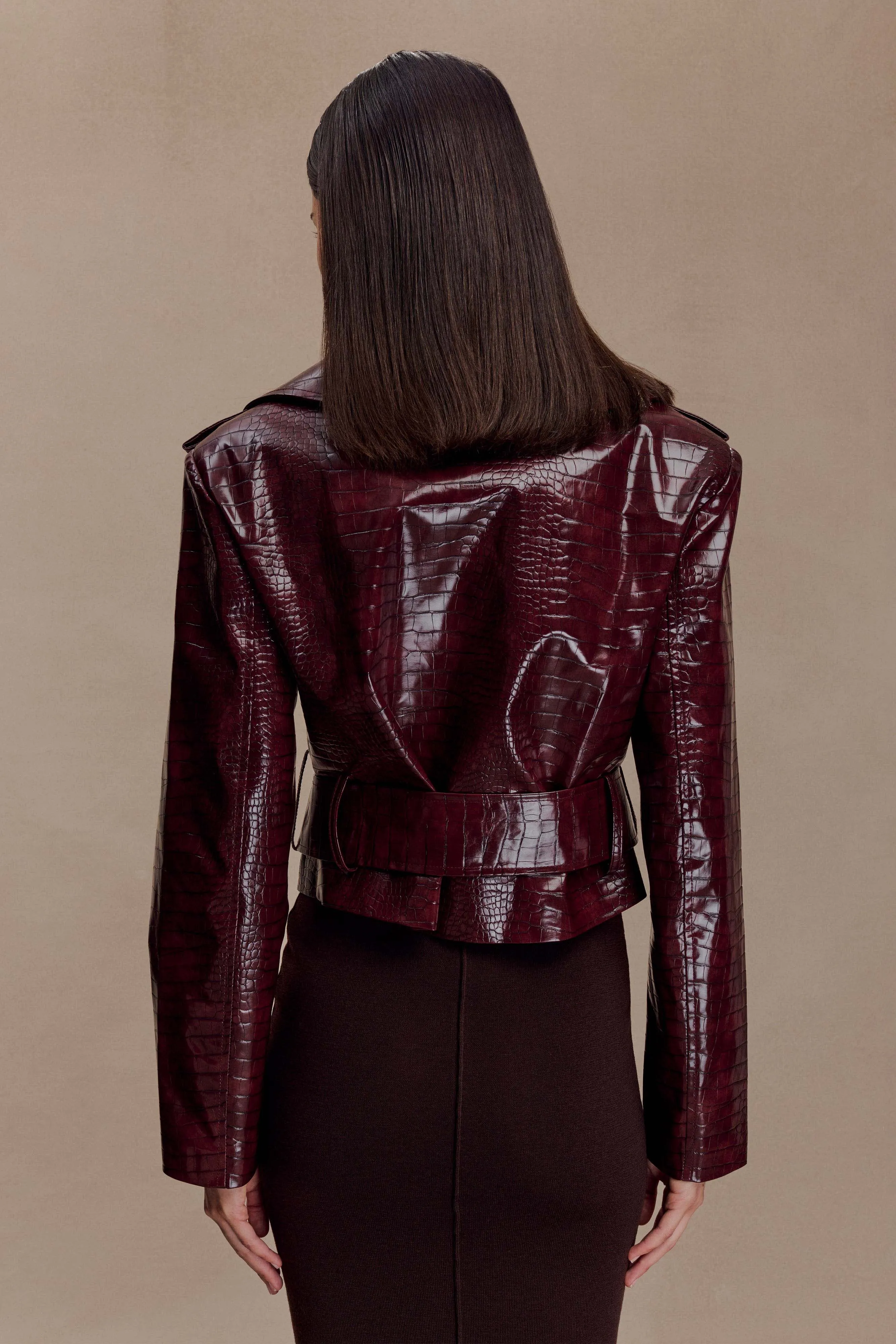 Archie Croc Faux Leather Cropped Jacket - Burgundy Contemporary Fit