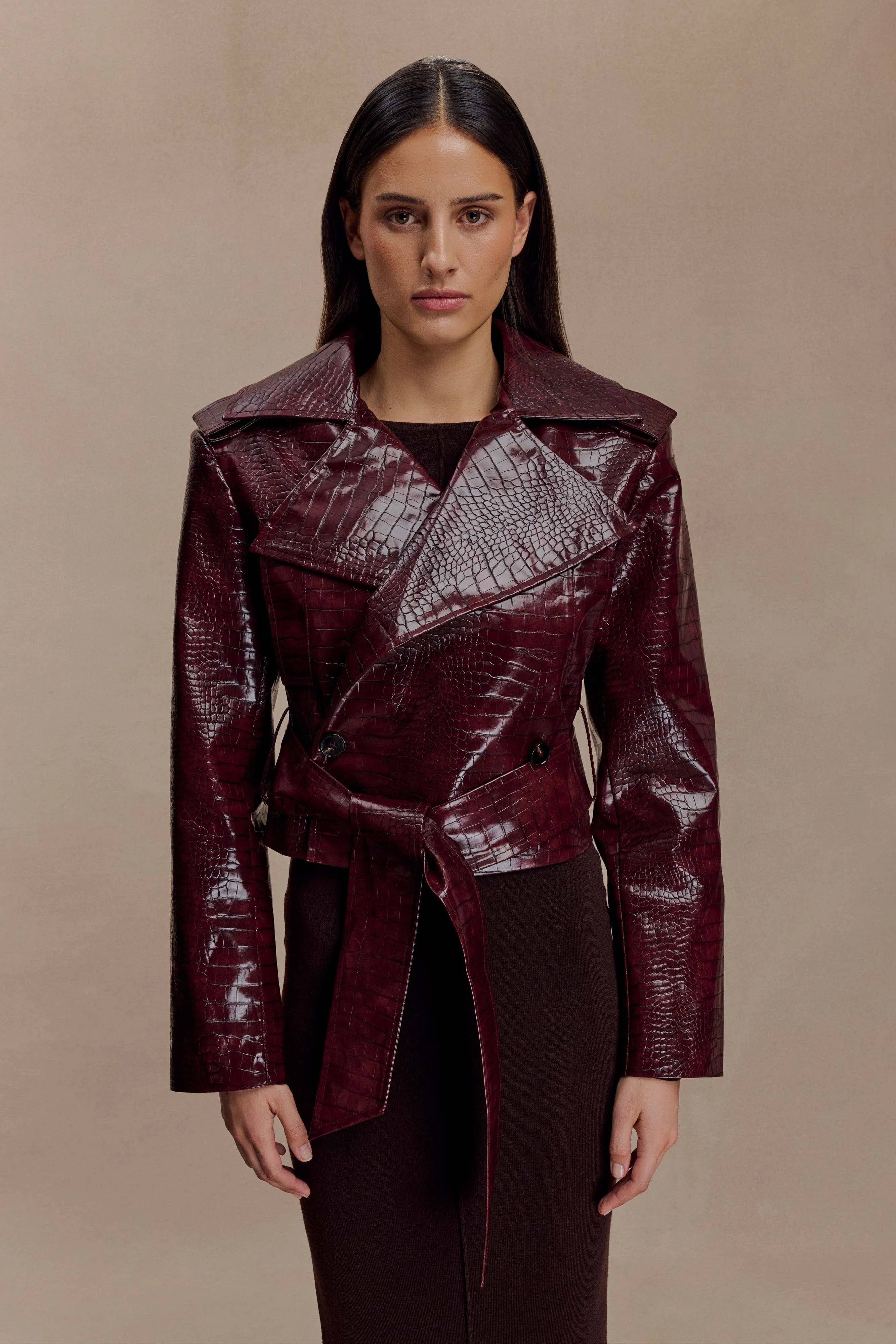 Archie Croc Faux Leather Cropped Jacket - Burgundy Noise Reduced Fabric Sporty Casual