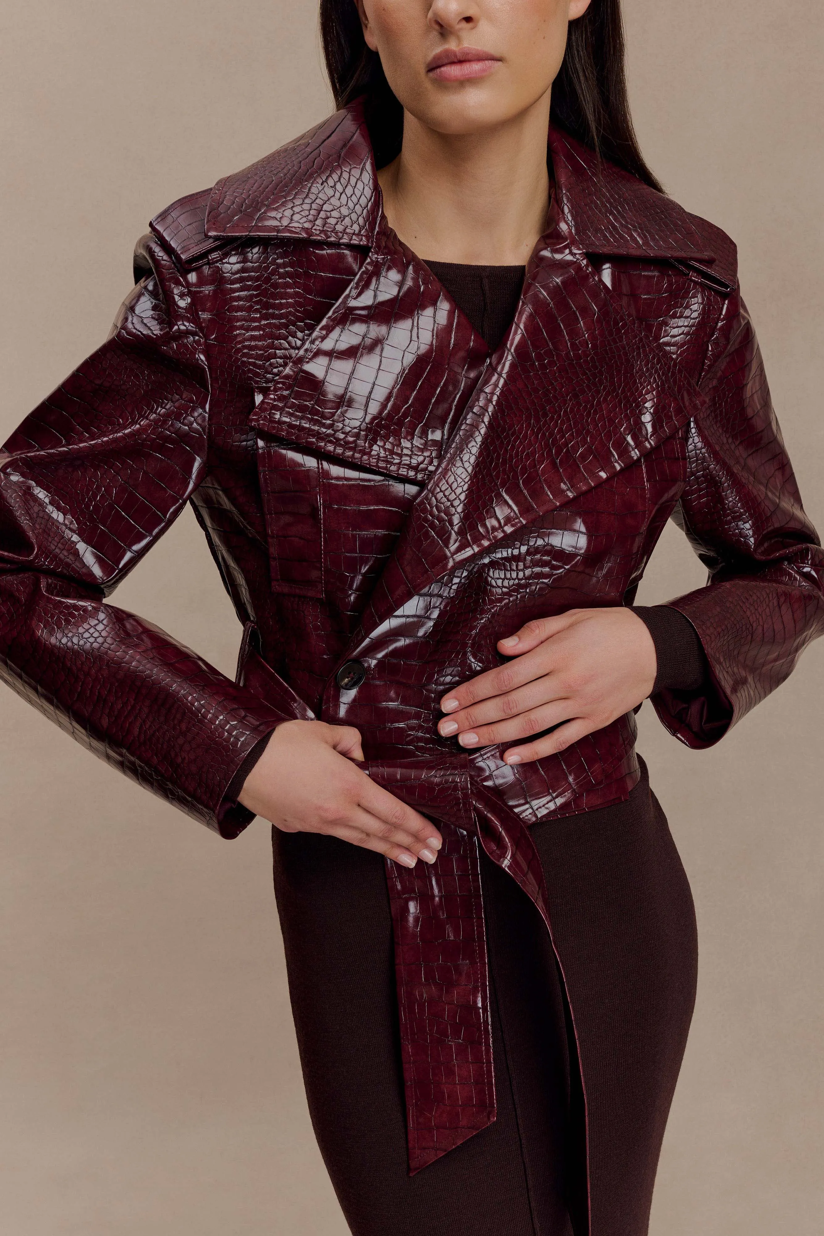Archie Croc Faux Leather Cropped Jacket - Burgundy Organic Cotton Blend Pattern Print