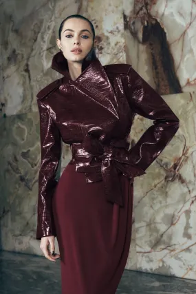 Archie Croc Faux Leather Cropped Jacket - Burgundy ElasticizedWaistbandSystem