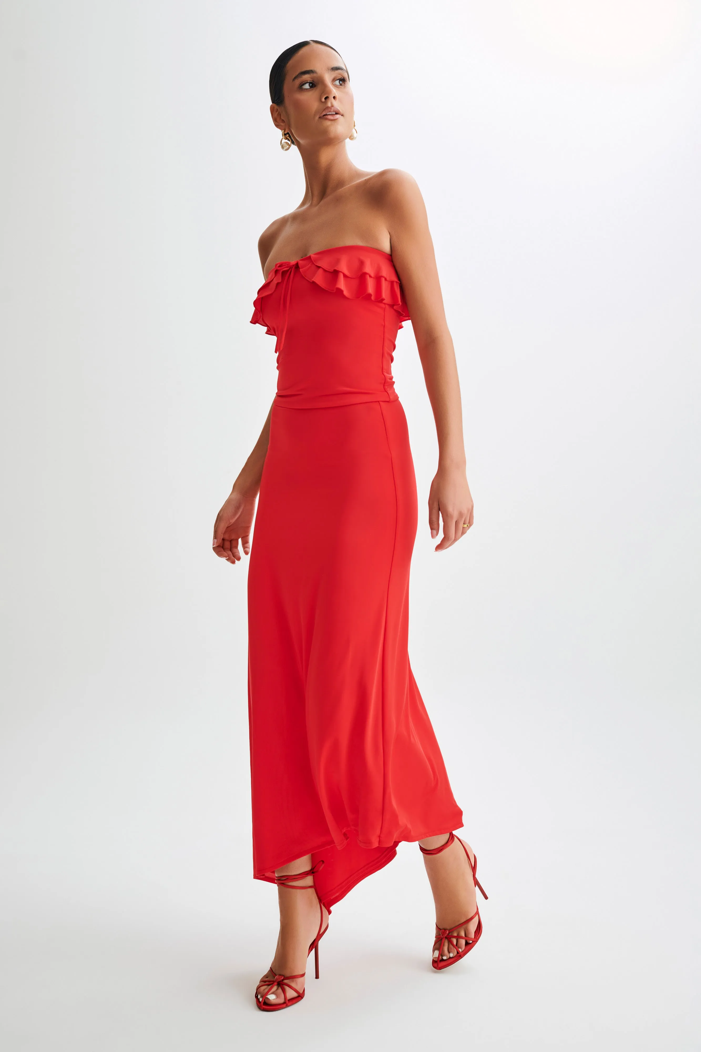 Bea Strapless Slinky Ruffle Top - Pomegranate HighDensity Weave PuckerFree Surface