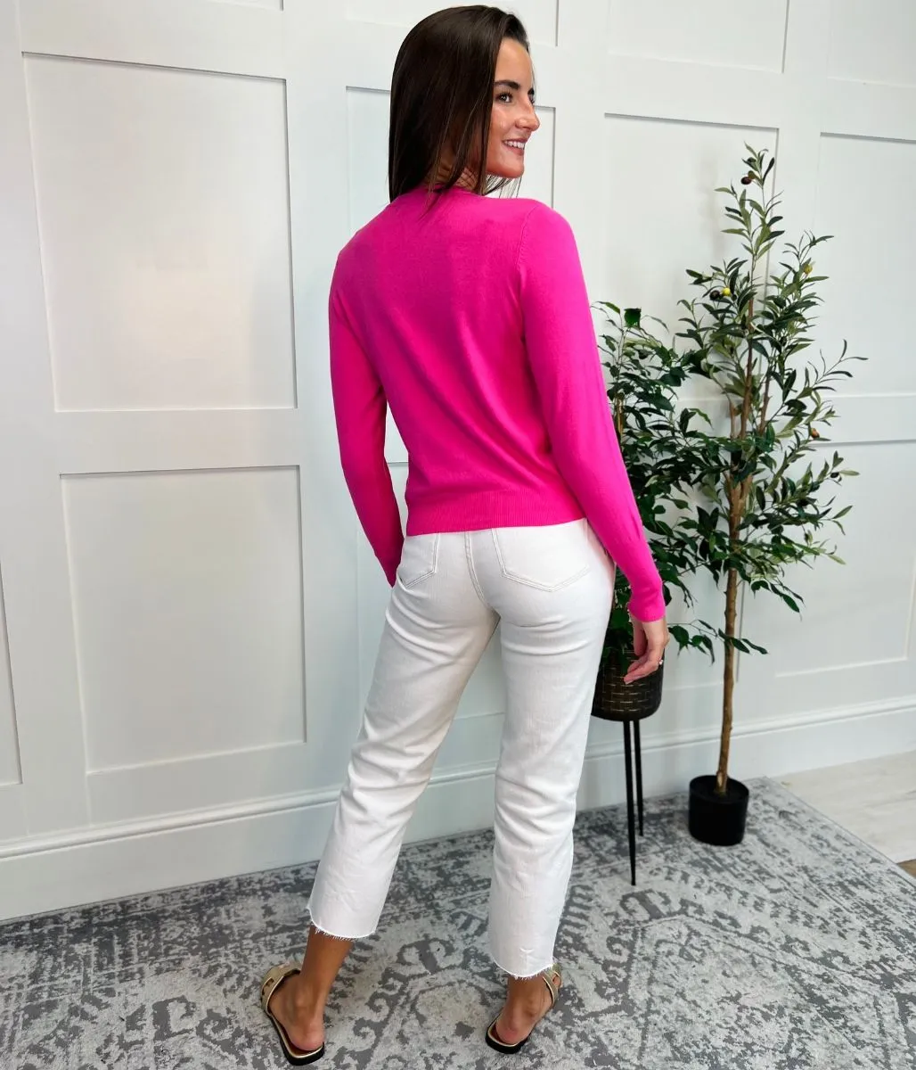 Bright Pink Classic Round Neck Cardigan Warm Hug