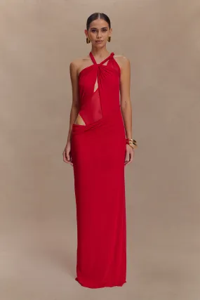 Edwina Knotted Mesh Maxi Dress - Red Formal Choice Lace-Trim