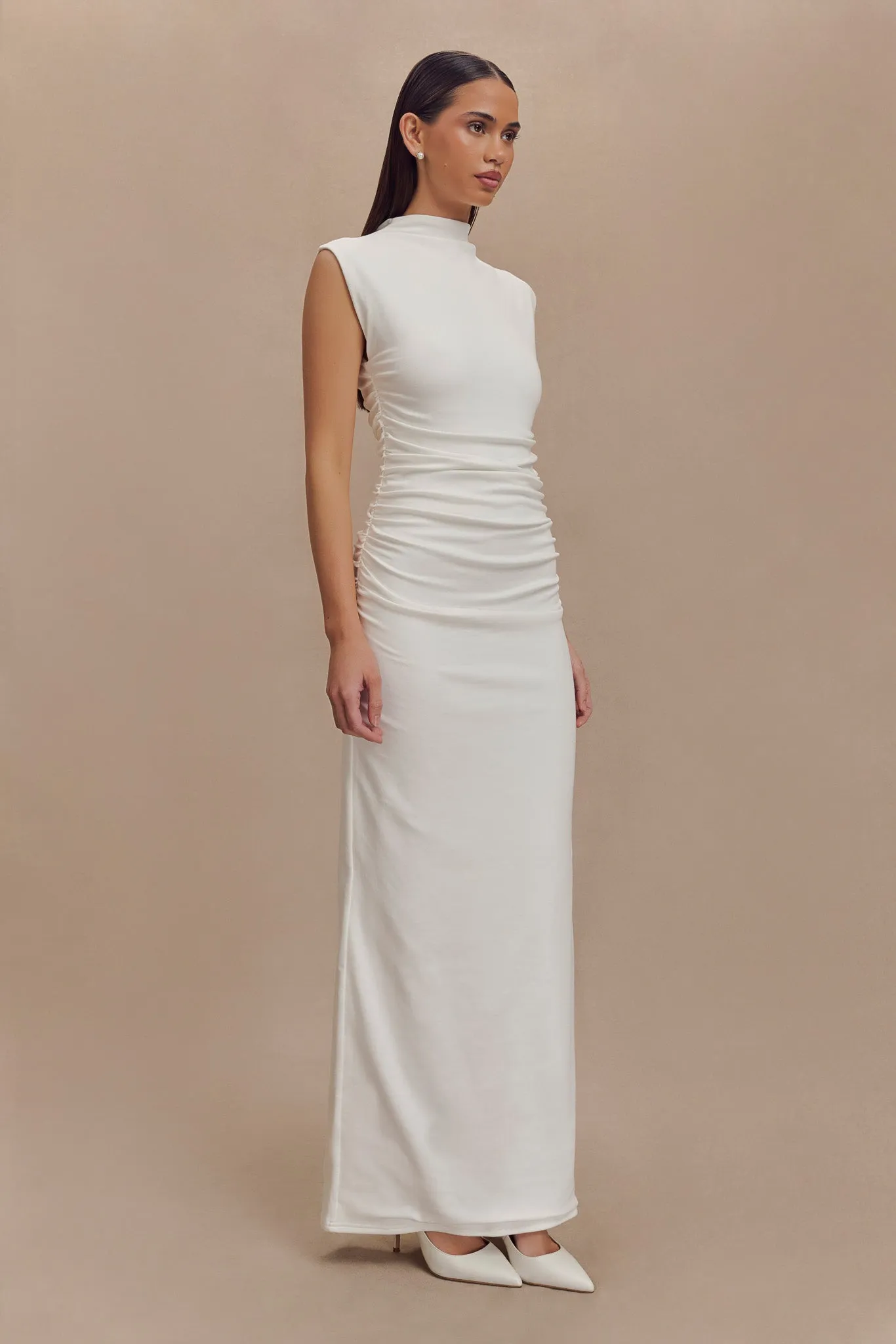 Bright Bloom Balloon-Sleeve Elliot High Neck Sleeveless Maxi Dress - White