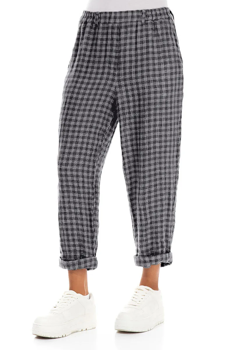 Roll Up Grey Check Linen Trousers Soft Lines Casual Comfort