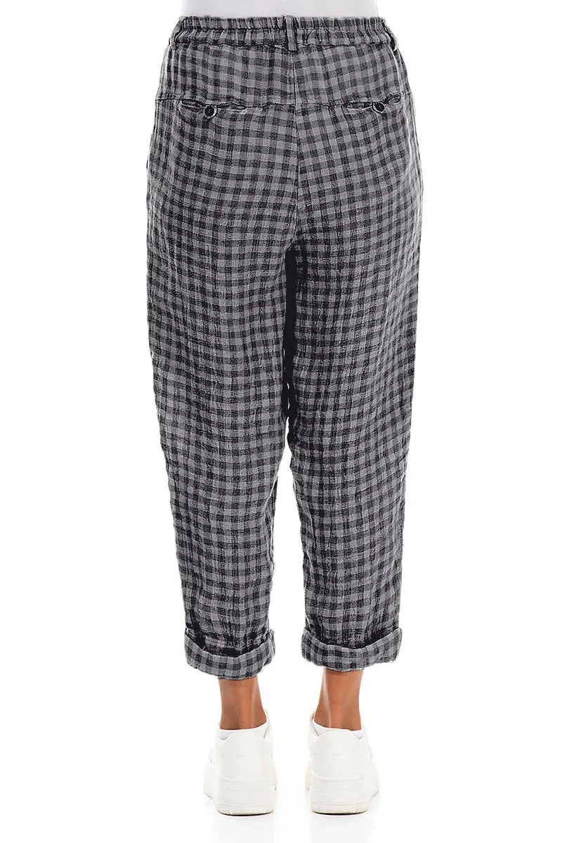 Roll Up Grey Check Linen Trousers Decorative stitching Ready For Action