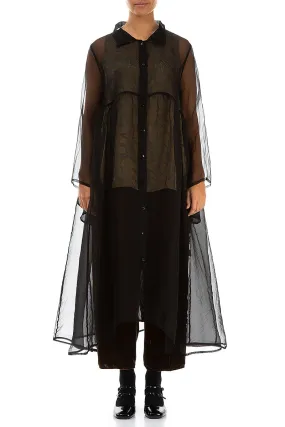 Long Black Silk Chiffon Jacket Cozy Hood Detail