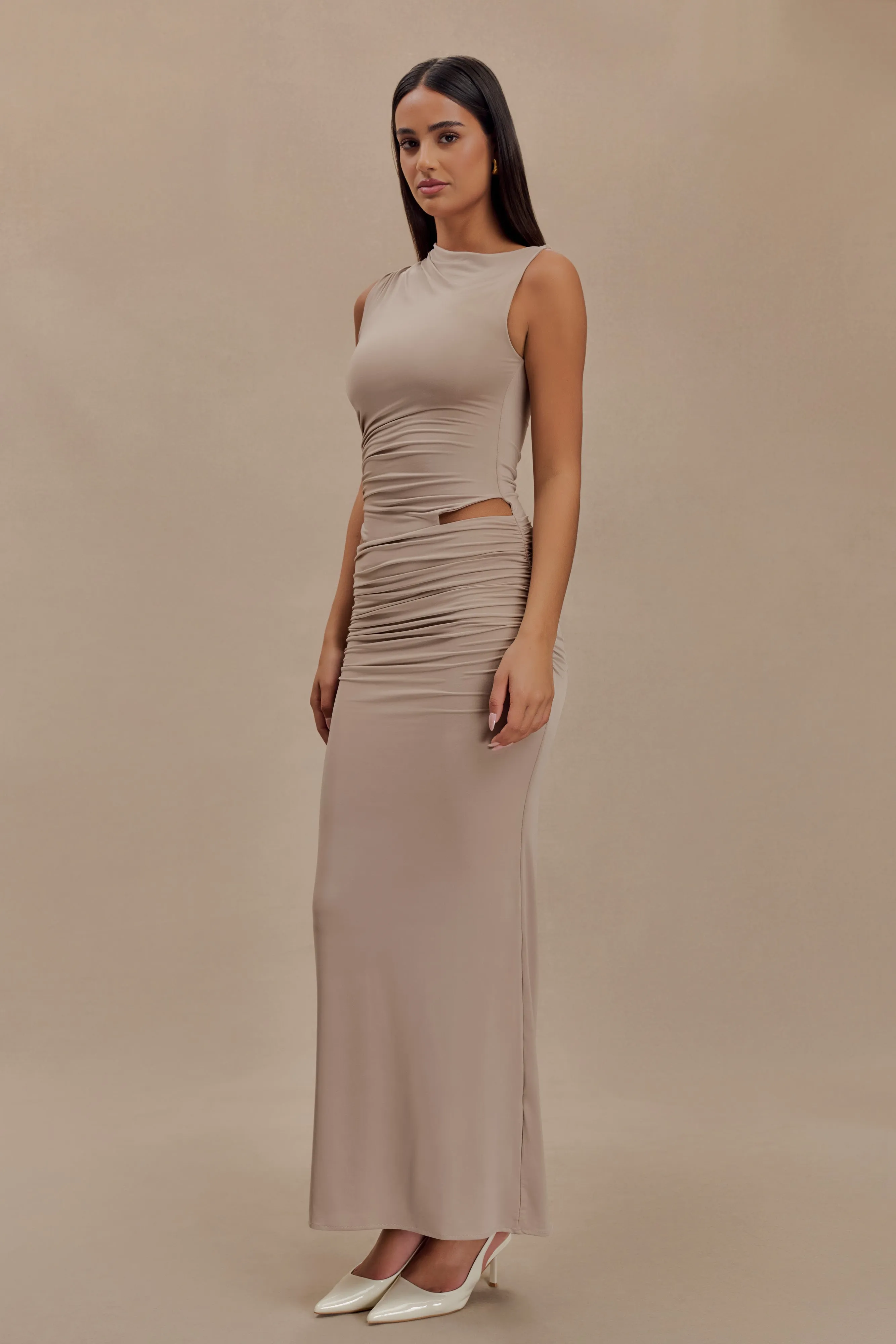 Sheer Panel petite size Kaia Slinky Cut Out Maxi Dress - Taupe