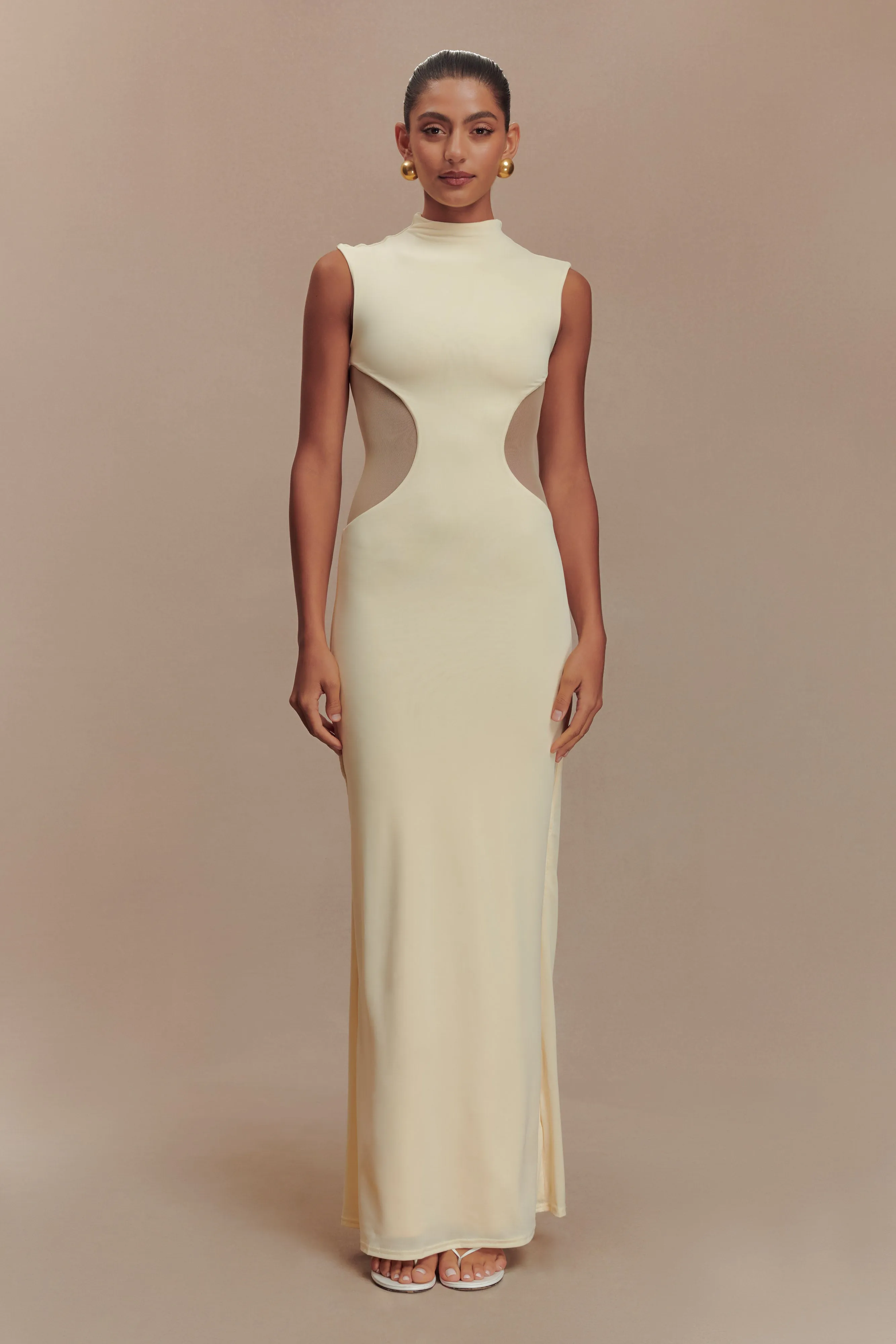 Fashionable Style Vacation Vibes Massie Slinky And Mesh Maxi Dress - Lemon