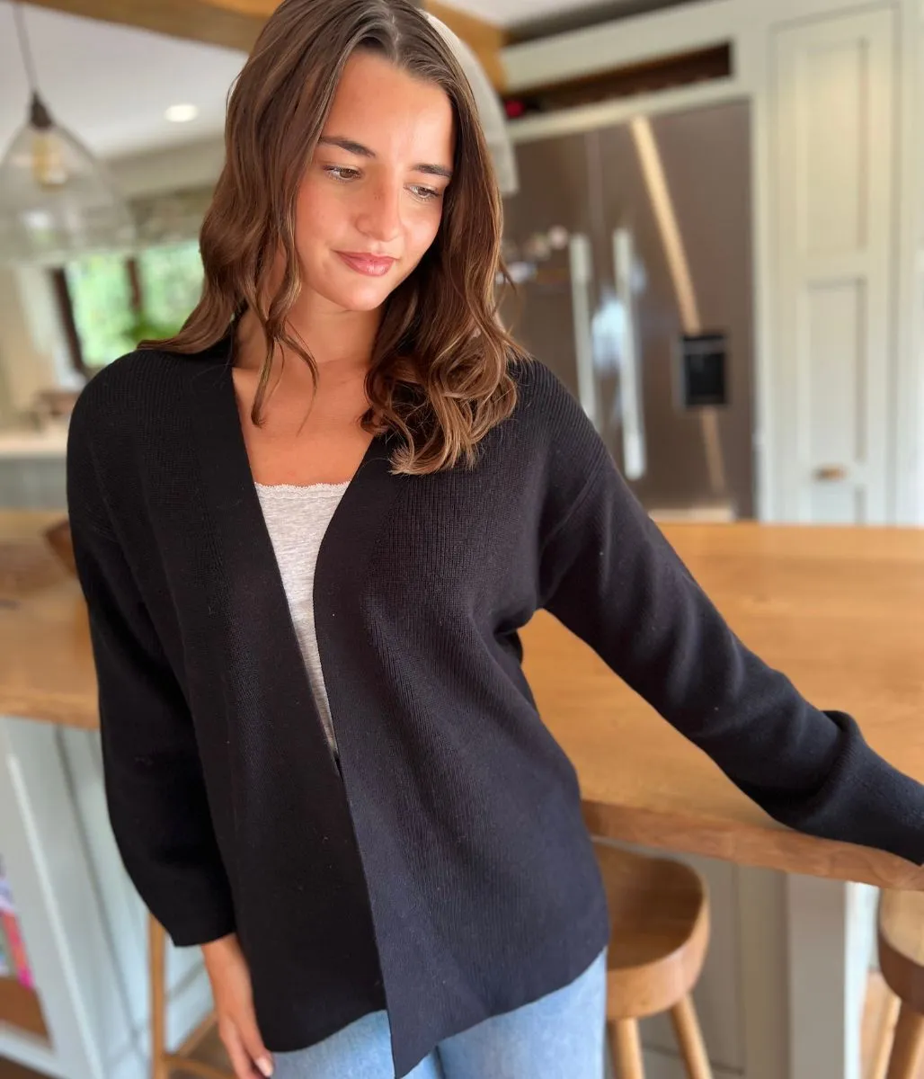 Cold Weather Fashion Breathable Fit Stylish Edge-to-Edge Black Cotton Rich Cardigan