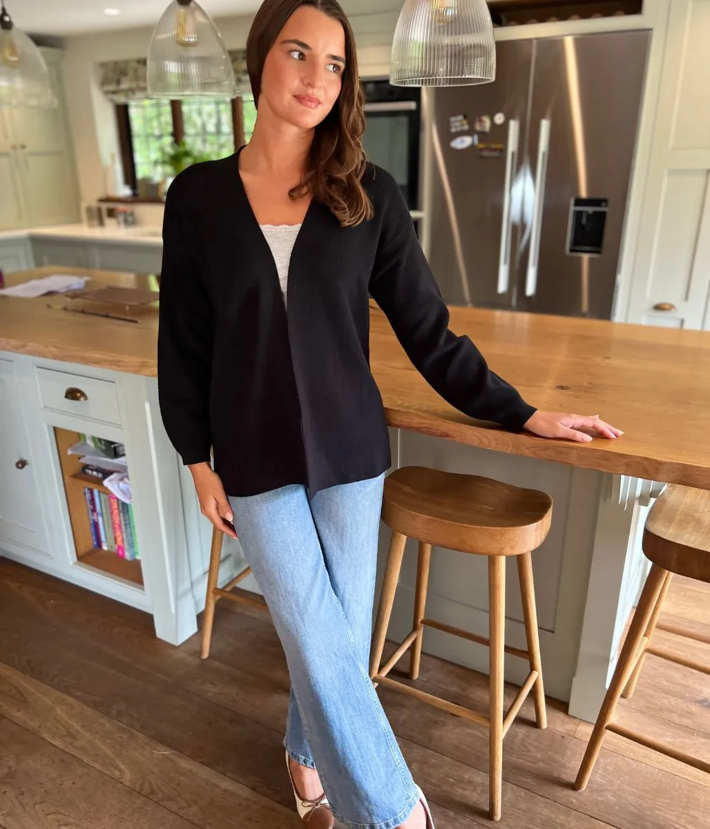 Versatile Layers Stylish Edge-to-Edge Black Cotton Rich Cardigan