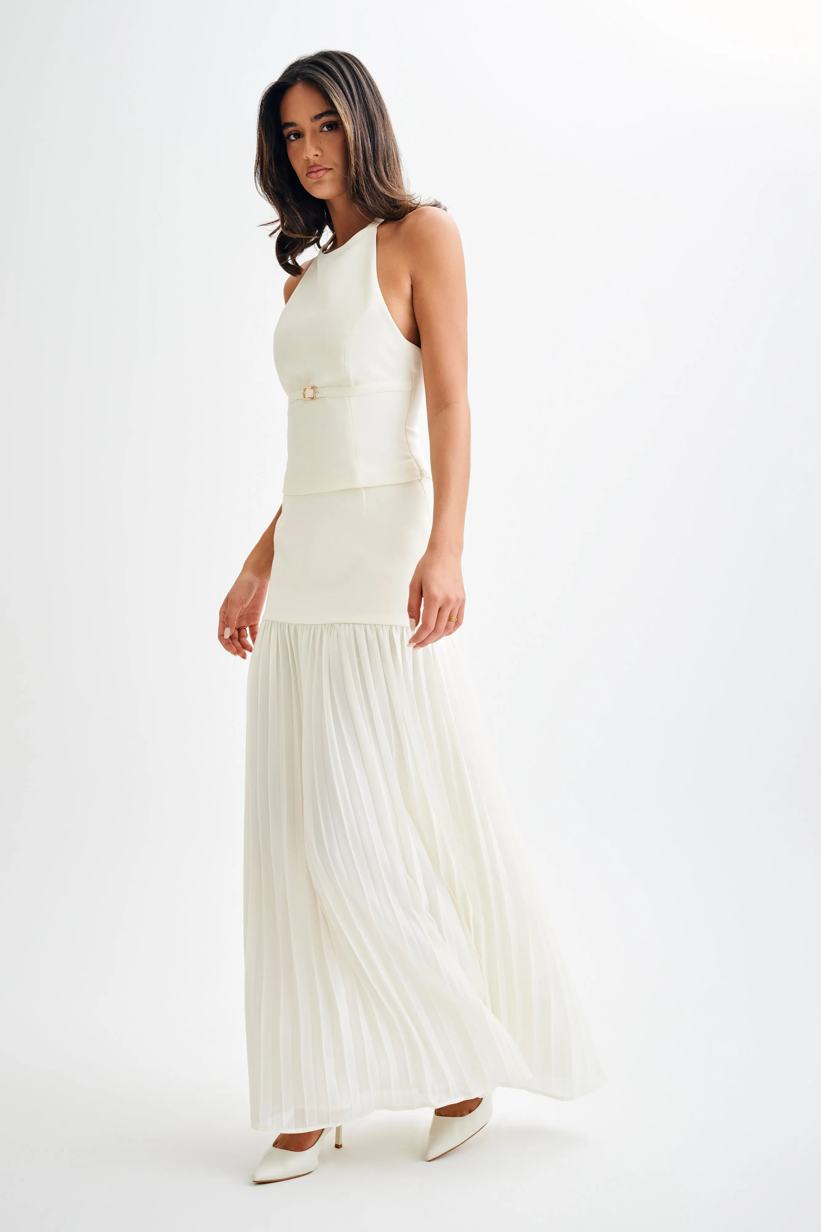 Jillian Pleated Maxi Skirt - Ivory Wrinkle Resistant Finish Multipurpose Design
