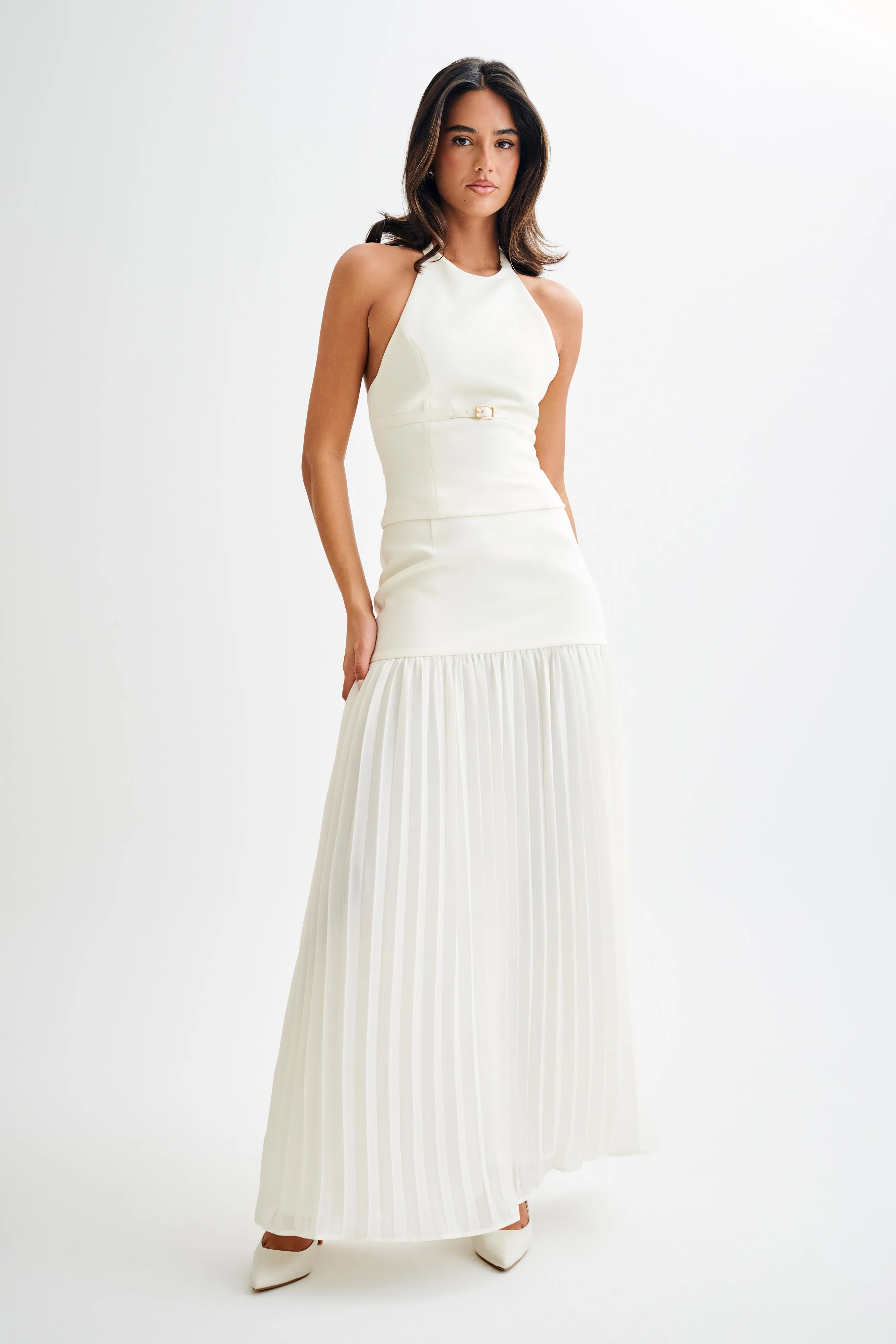 Jillian Pleated Maxi Skirt - Ivory Stain Release Finish Soft Wear