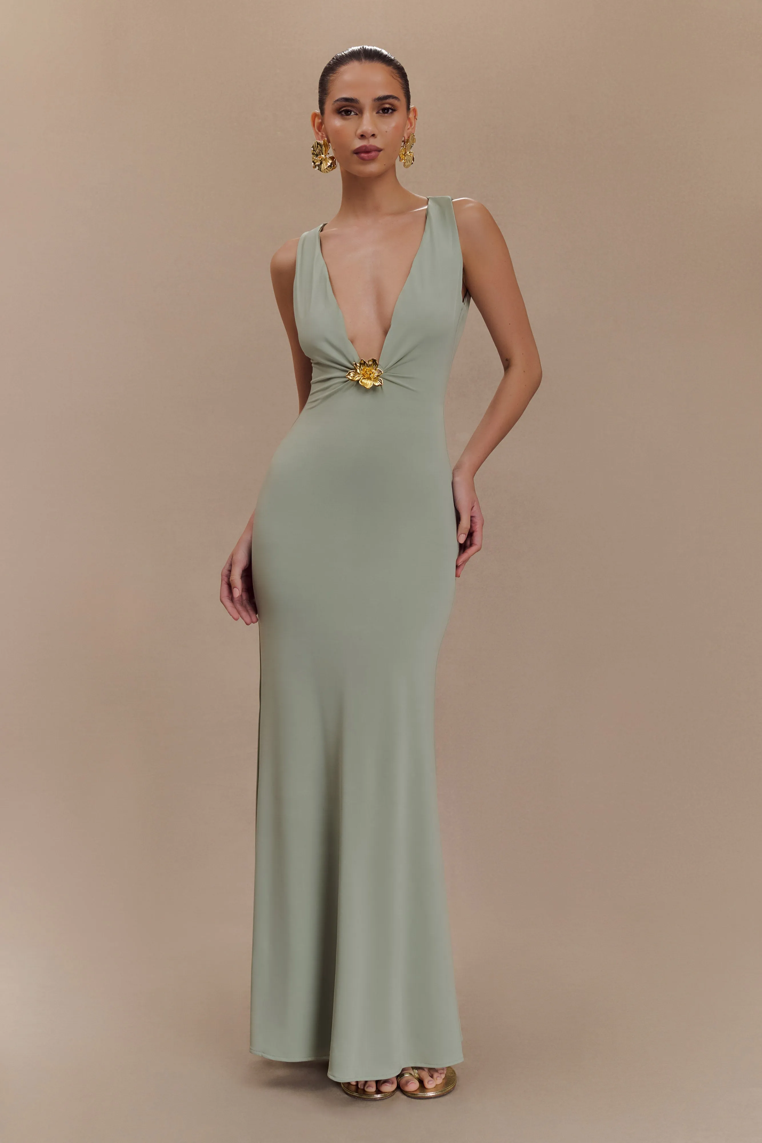 Beck Plunge Maxi Dress With Floral Hardware - Basil Fashionable Touch Summer Wardrobe