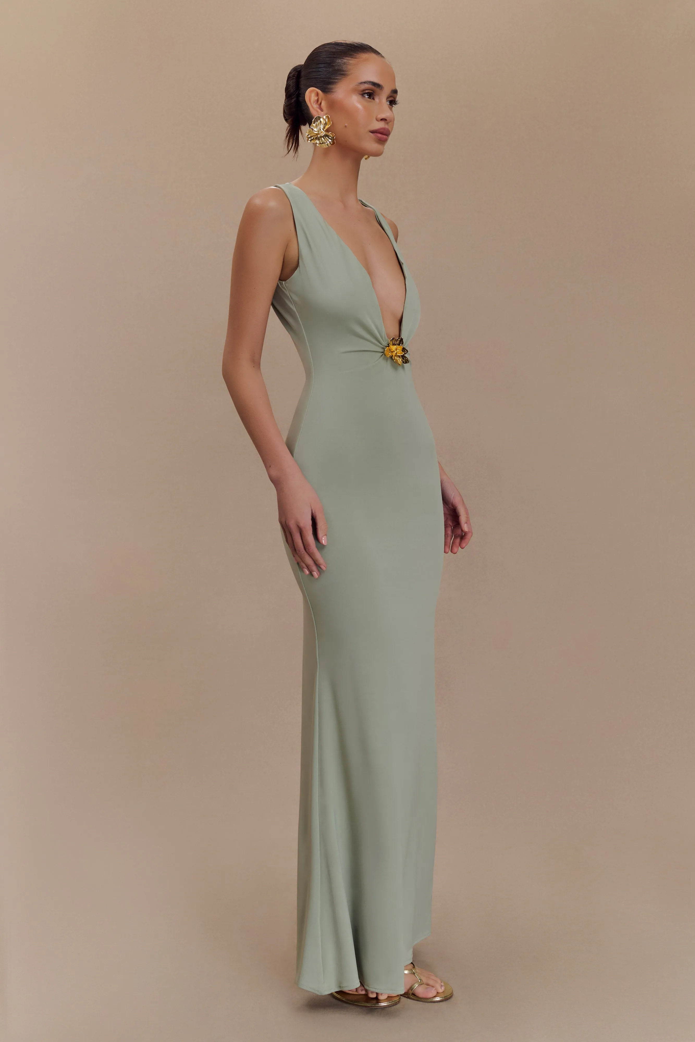 Movement Ready Edgy vibes Beck Plunge Maxi Dress With Floral Hardware - Basil
