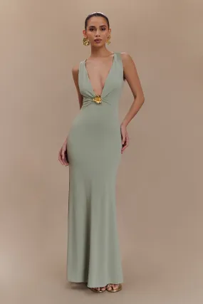 Beck Plunge Maxi Dress With Floral Hardware - Basil Fashionable Touch Summer Wardrobe