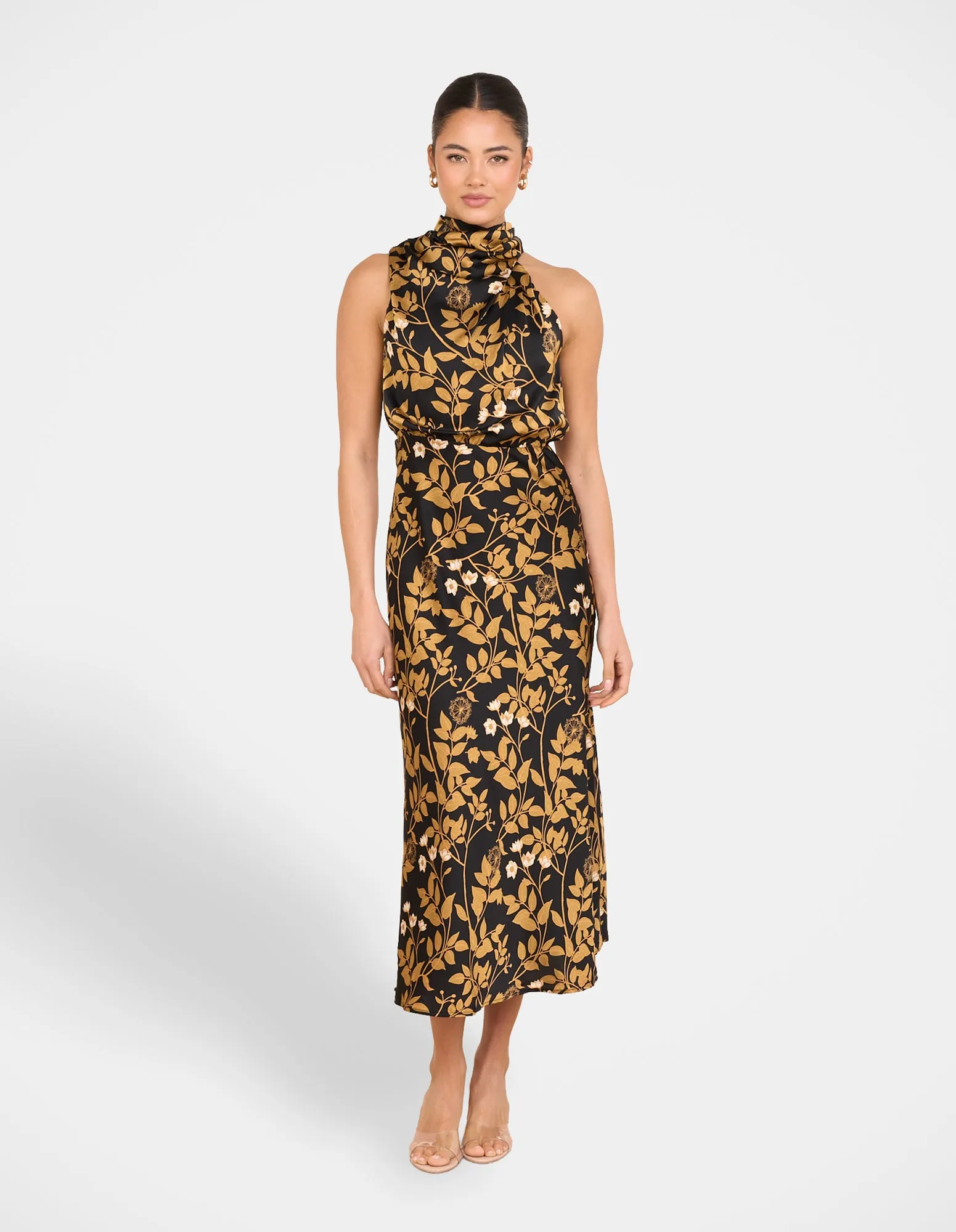 Cathy Satin Midi Dress Draped Fabric