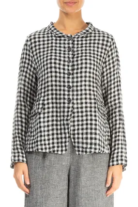 Morning Commute Gear Elastic hem Buttoned Black & White Check Linen Jacket