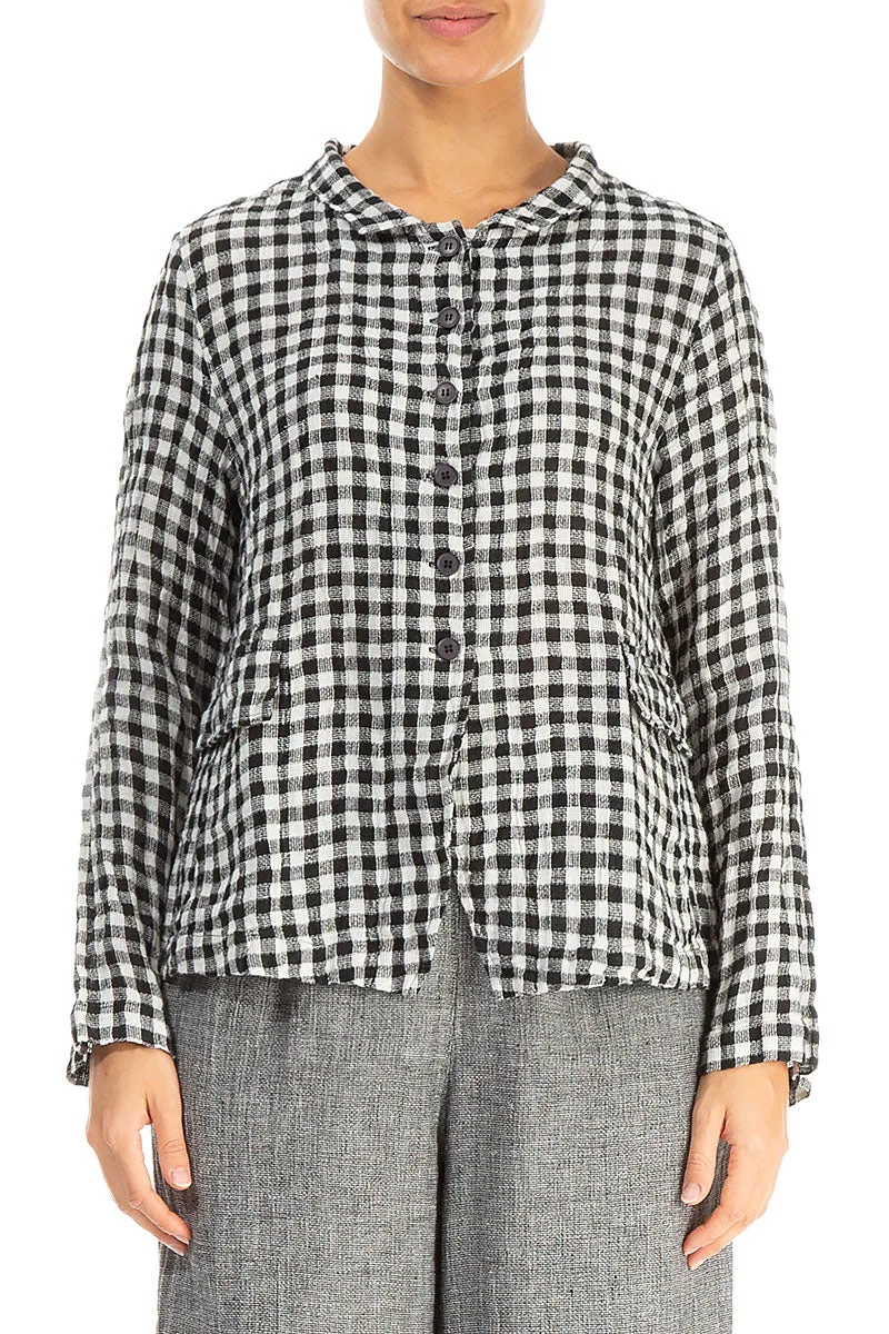 Morning Commute Gear Elastic hem Buttoned Black & White Check Linen Jacket