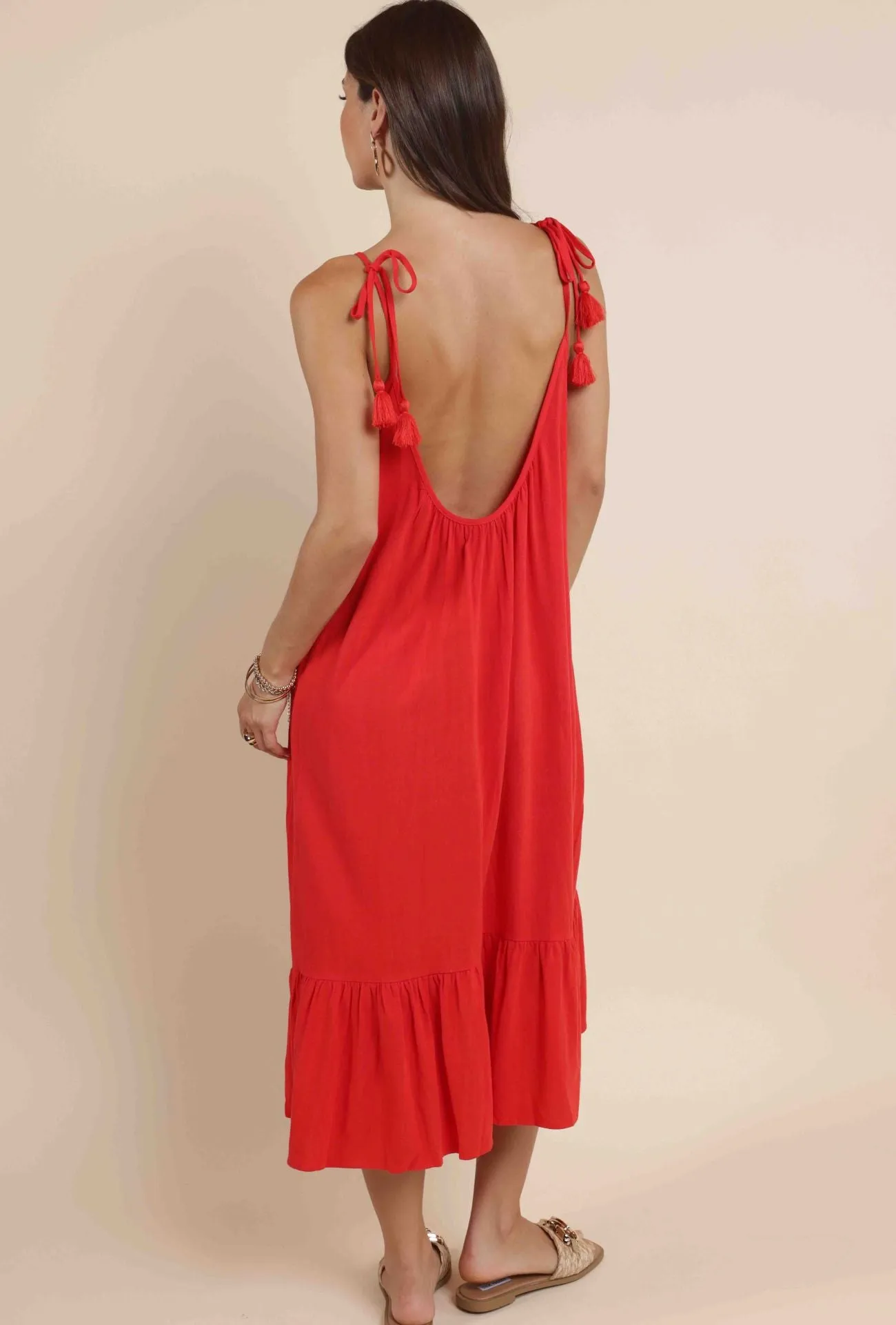 Natural Tones Embroidered Fabric SUGARLOAF TIE STRAP MAXI DRESS
