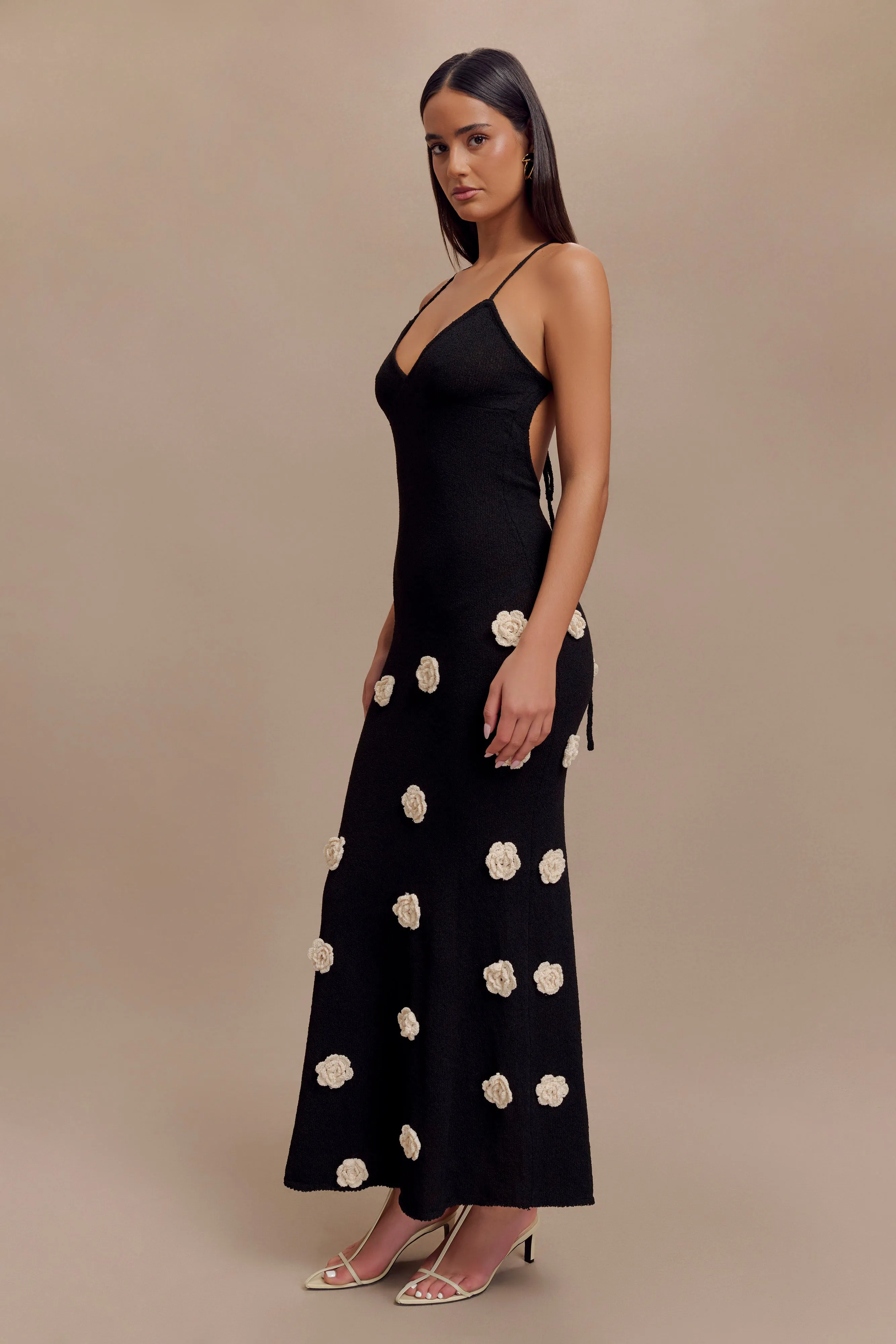 Suki Knit Maxi Dress With Flowers - Black/White Romantic date dress