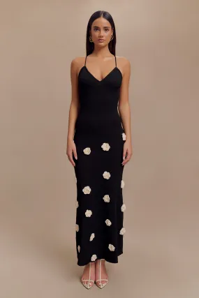 Suki Knit Maxi Dress With Flowers - Black/White knee-length Gloss Accent