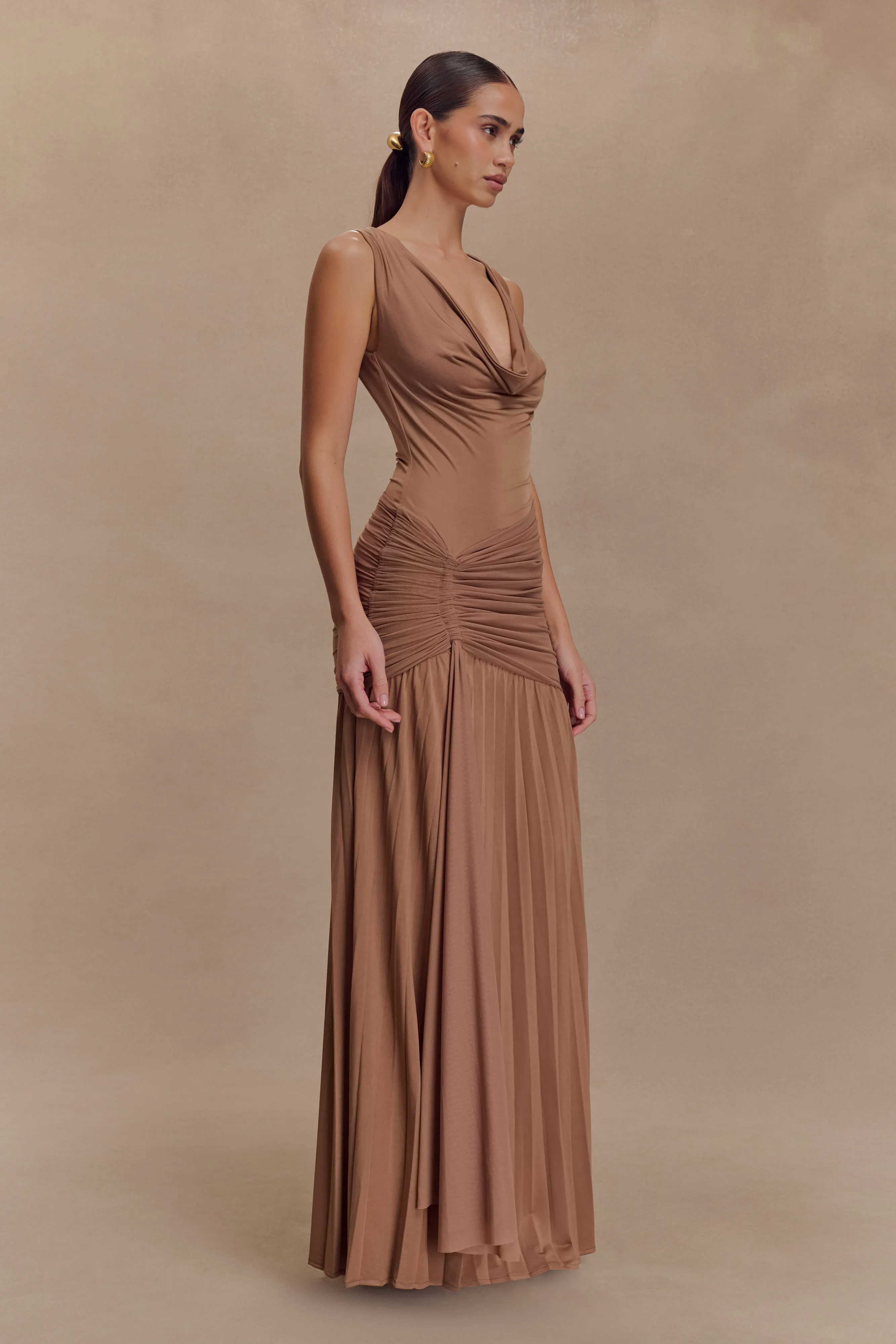 Dania Cowl Neck Slinky Maxi Dress - Mocha Mousse Bright Appeal
