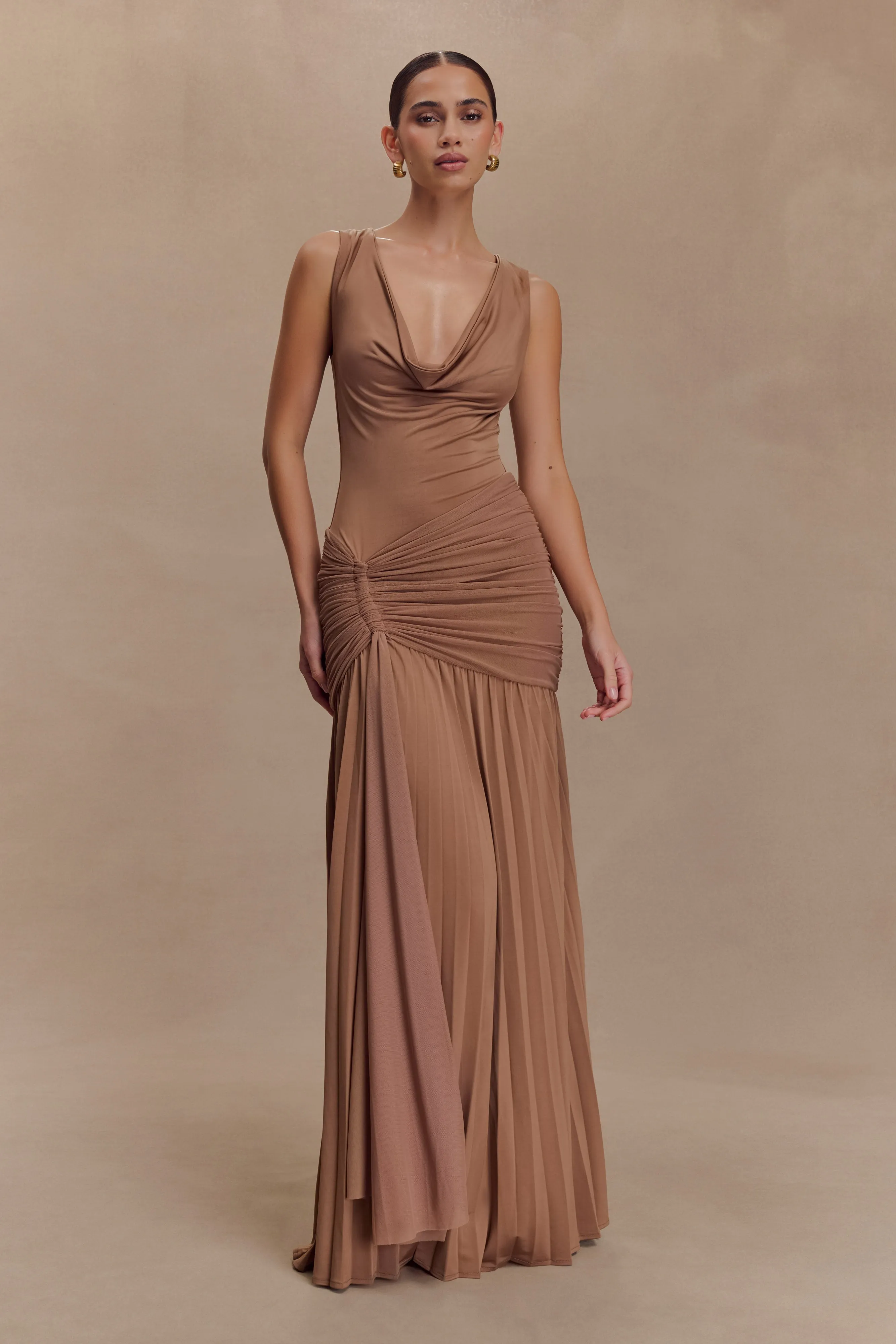 Feel Good Dania Cowl Neck Slinky Maxi Dress - Mocha Mousse