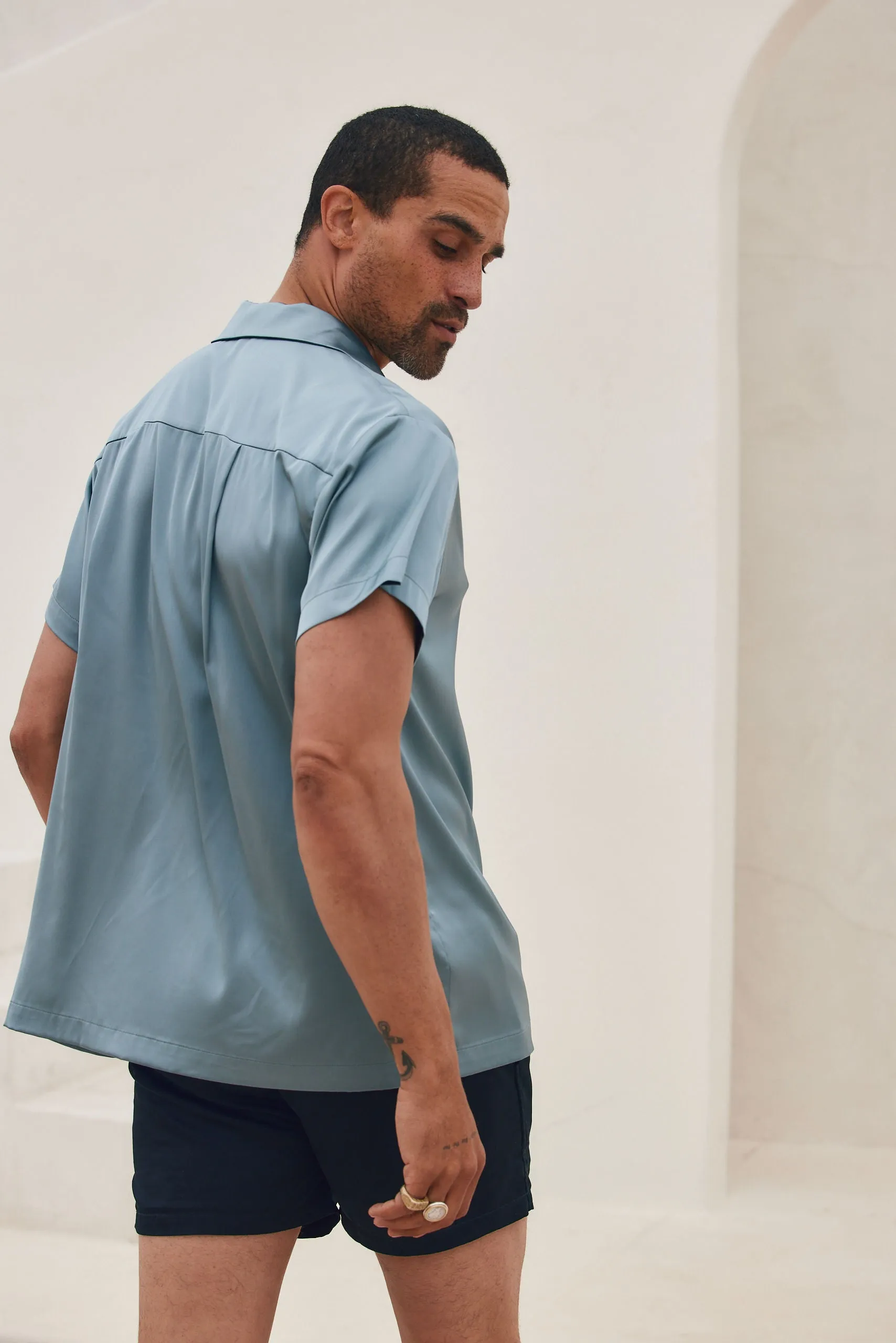 Vaughn Blue Satin Camp Shirt AllDay Comfort Ventilation Panel