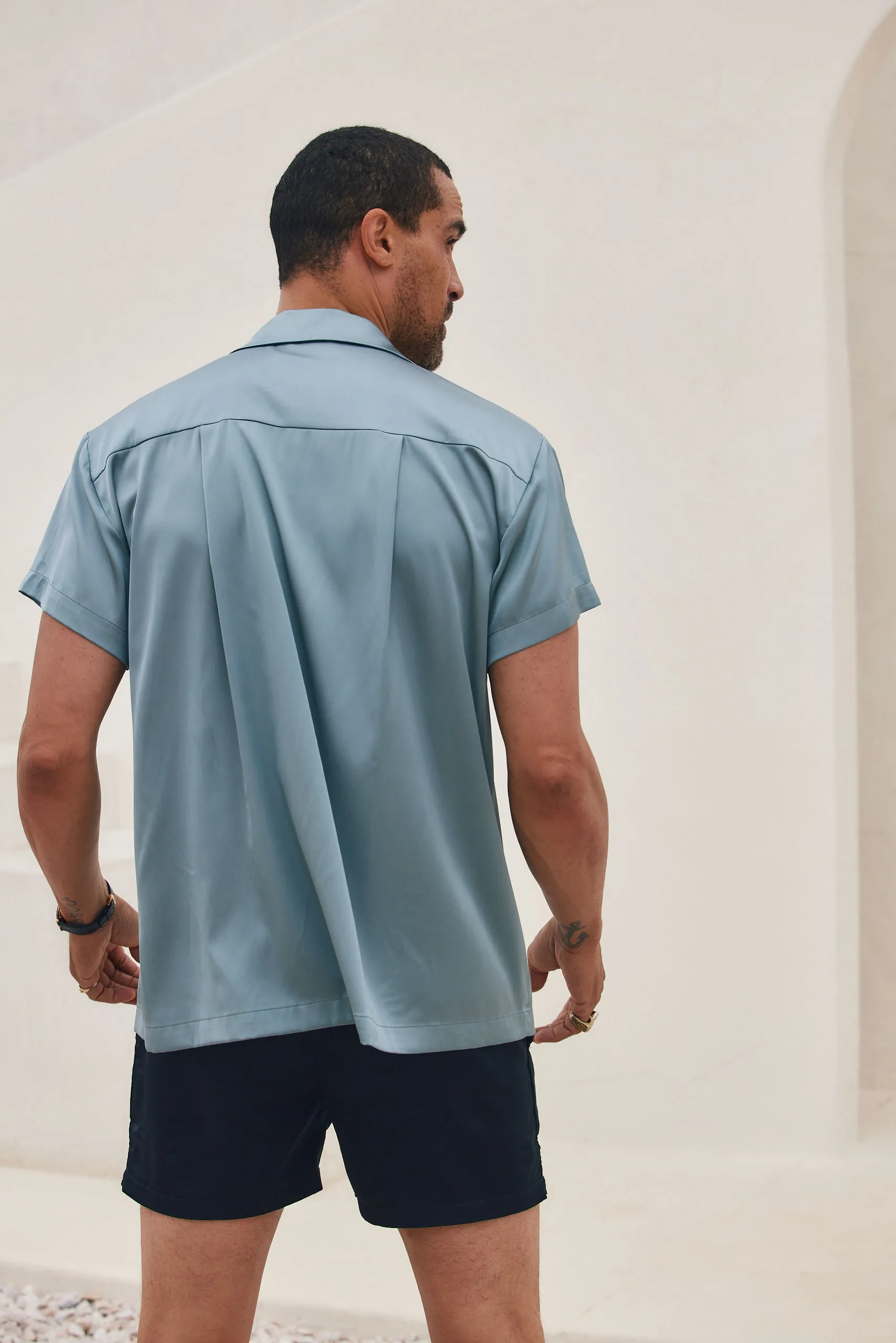 Raw Edge Finish Vaughn Blue Satin Camp Shirt