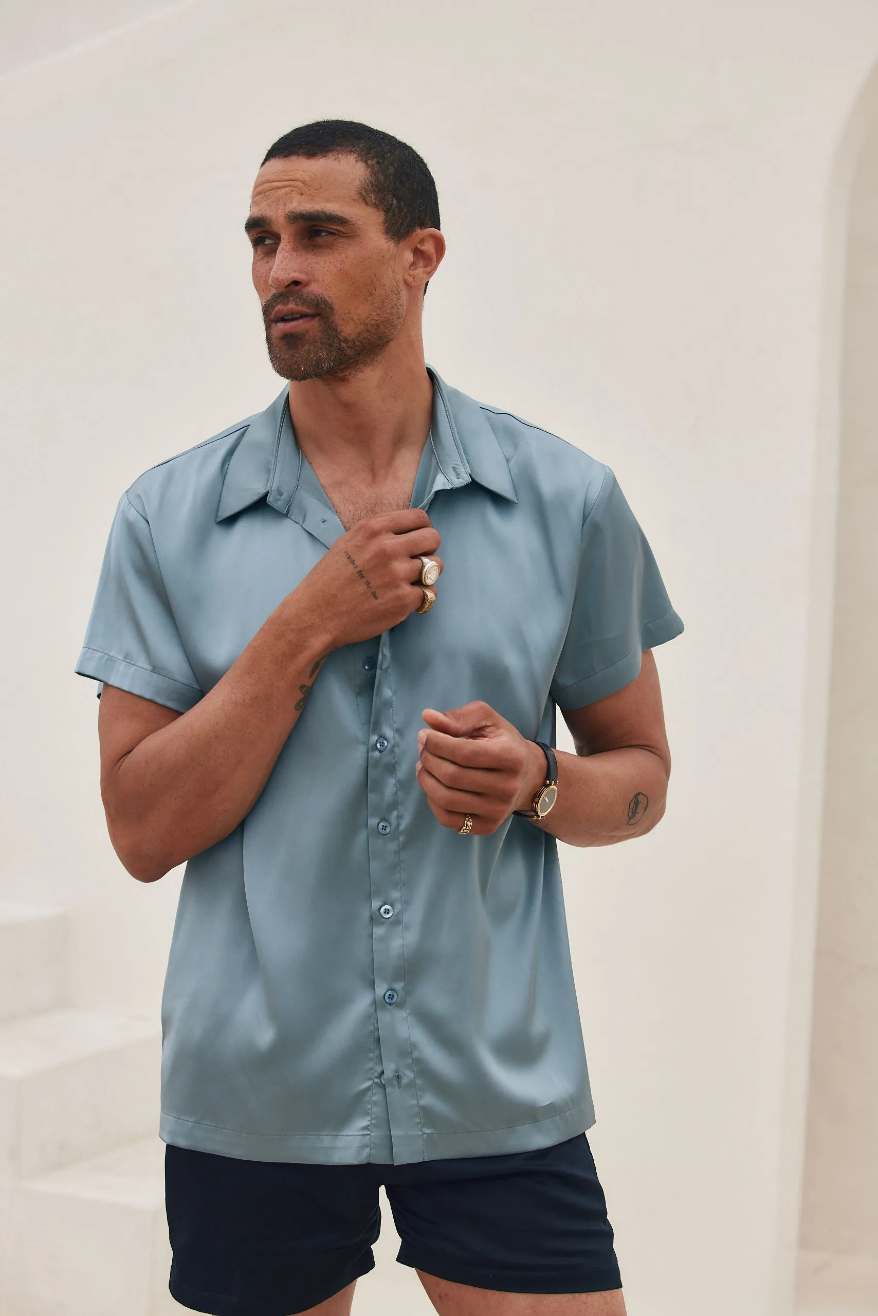 Vaughn Blue Satin Camp Shirt Stylish Jacket Eco Friendly Blend